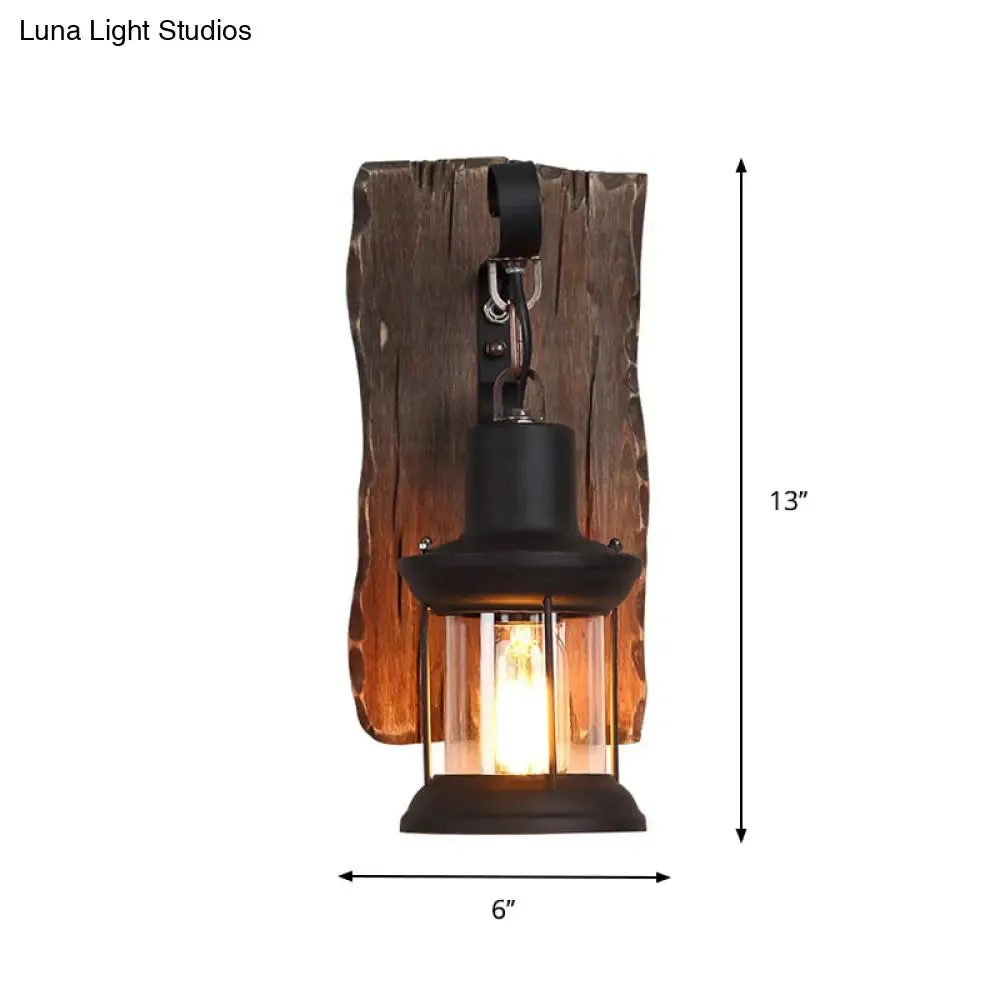 Countryside Brown Lantern Wall Light Kit with Clear Glass Shade and Wood Backplate, 1-Light