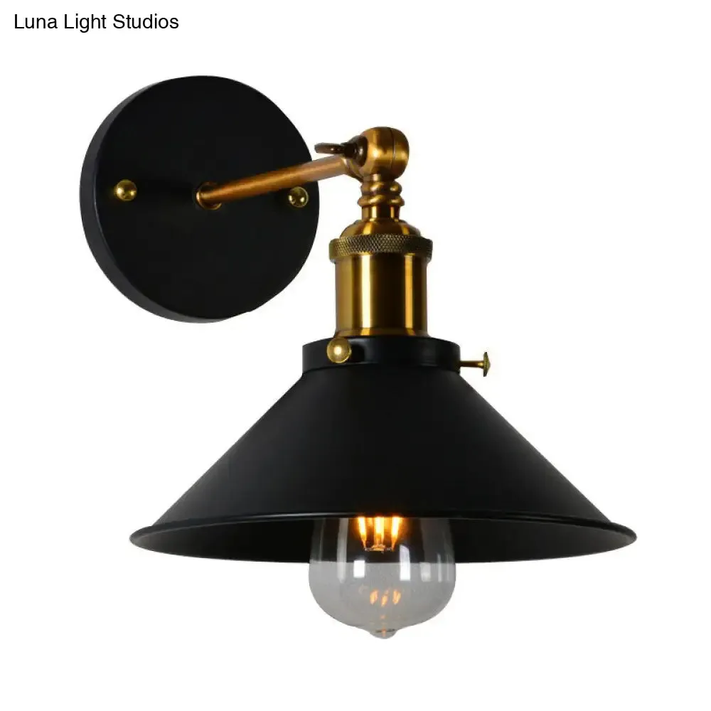 Countryside Metal Cone Kitchen Wall Lamp - Adjustable Joint, Black/White-Brass Finish, 1-Bulb Wall Mount Lighting