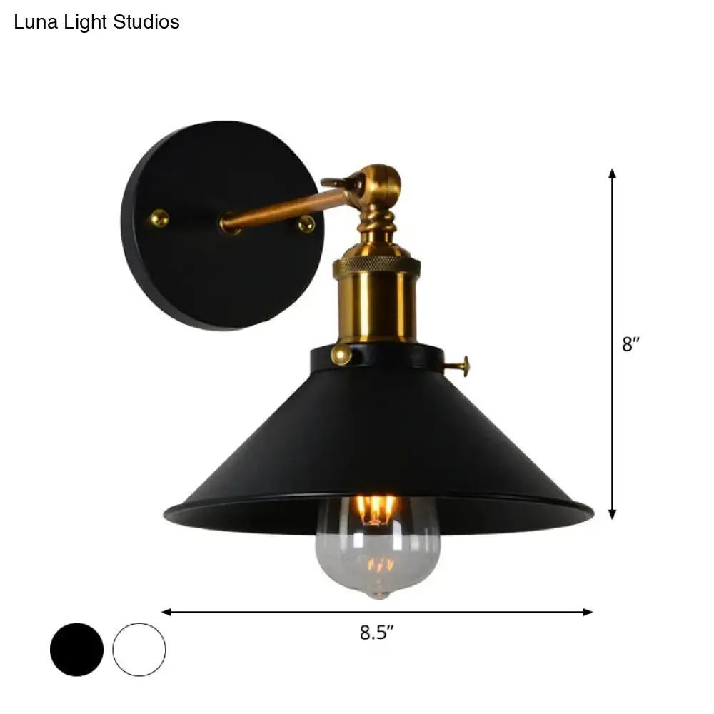 Countryside Metal Cone Kitchen Wall Lamp - Adjustable Joint, Black/White-Brass Finish, 1-Bulb Wall Mount Lighting