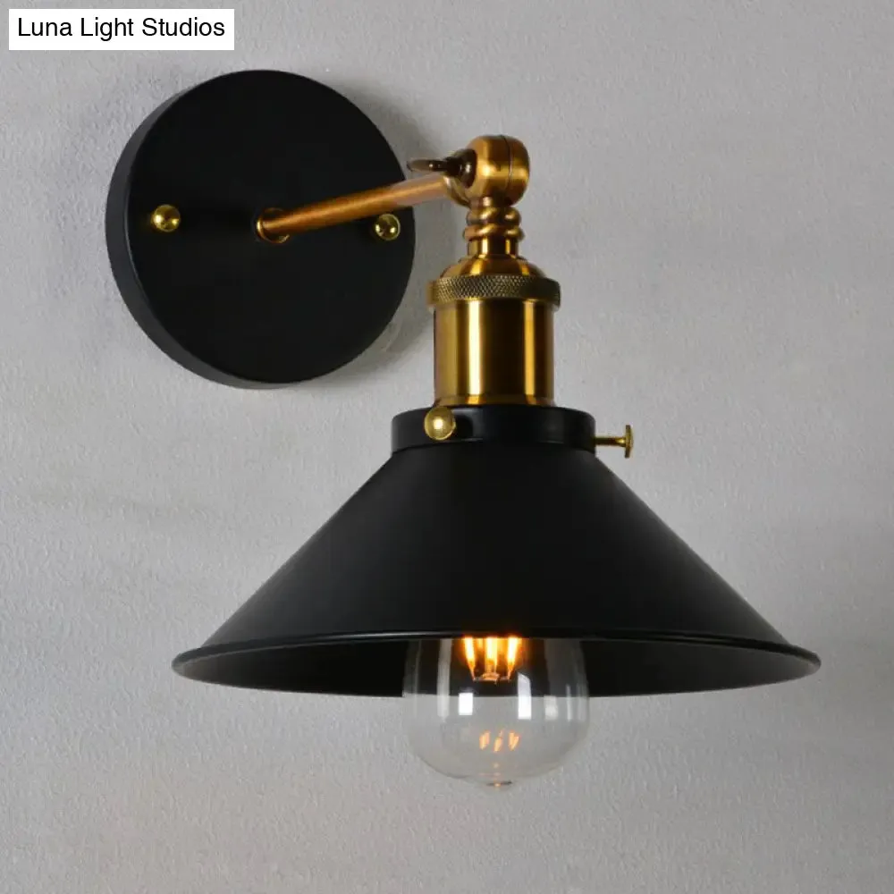 Countryside Metal Cone Kitchen Wall Lamp - Adjustable Joint, Black/White-Brass Finish, 1-Bulb Wall Mount Lighting