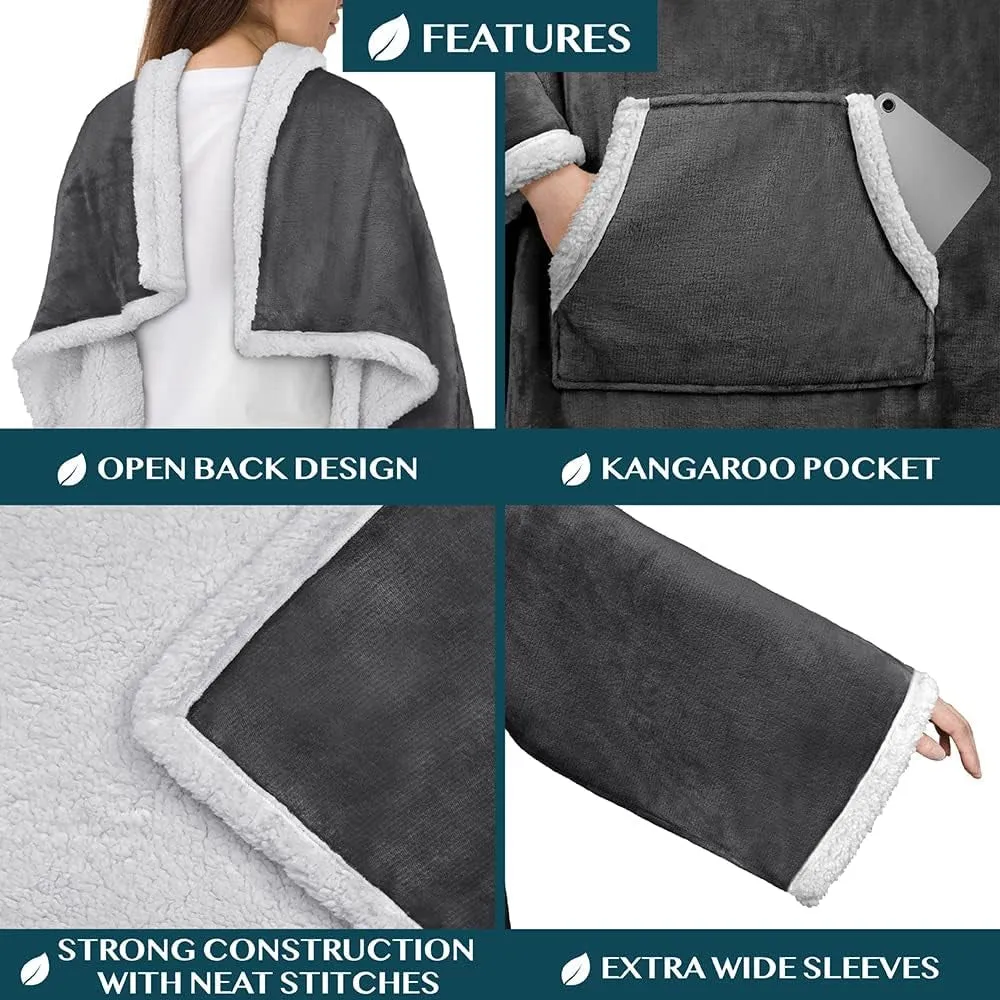 Cozy Sherpa Wearable Blanket with Sleeves and Pocket