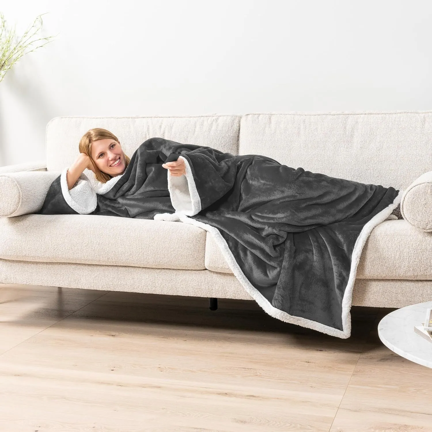 Cozy Sherpa Wearable Blanket with Sleeves and Pocket