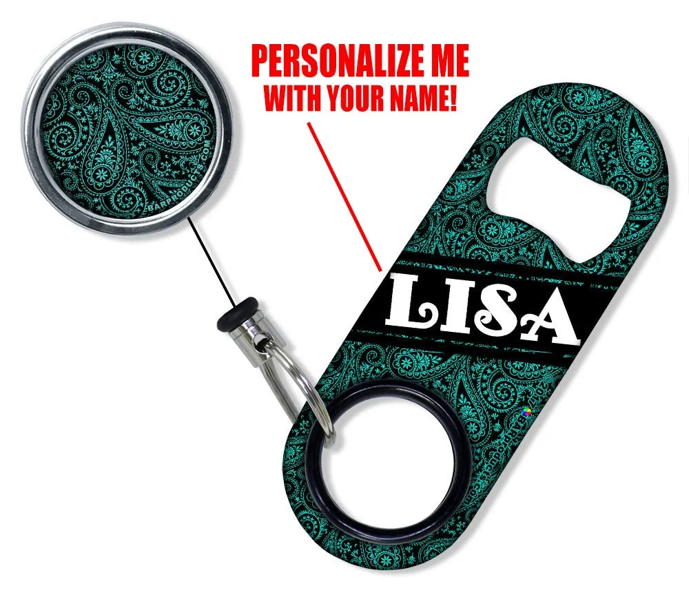 CUSTOMIZABLE Mini Bottle Opener with Retractable Reel - Teal Paisley