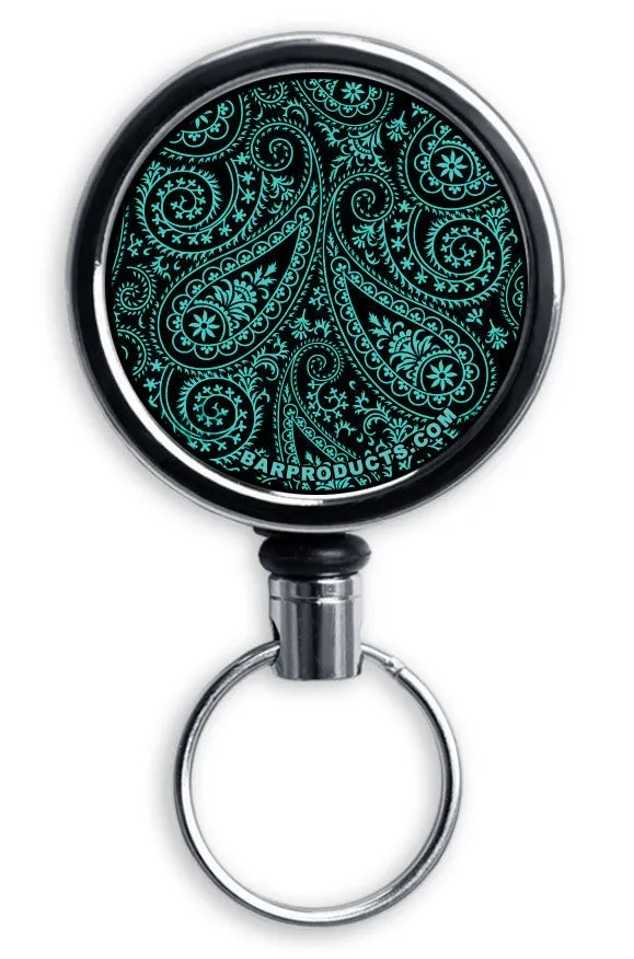 CUSTOMIZABLE Mini Bottle Opener with Retractable Reel - Teal Paisley