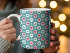 Cute Heart Pattern Mug, Turquoise and Pink Coffee Cup, Tea Lover Gift, Romantic Valentines Day Present, Office Desk Accessory