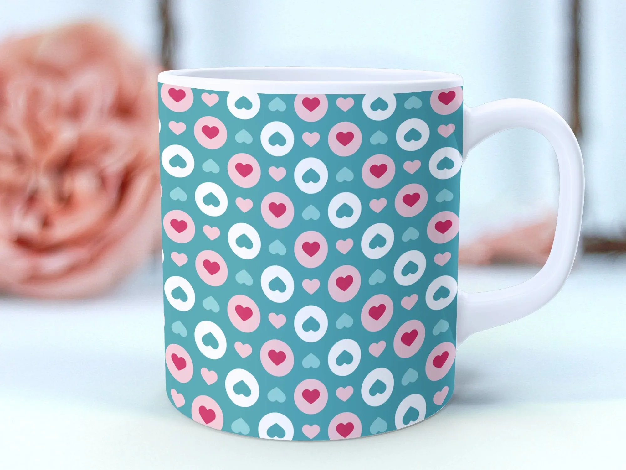 Cute Heart Pattern Mug, Turquoise and Pink Coffee Cup, Tea Lover Gift, Romantic Valentines Day Present, Office Desk Accessory