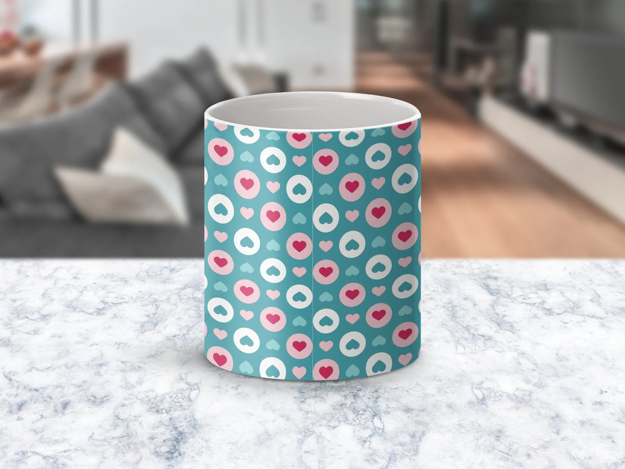 Cute Heart Pattern Mug, Turquoise and Pink Coffee Cup, Tea Lover Gift, Romantic Valentines Day Present, Office Desk Accessory