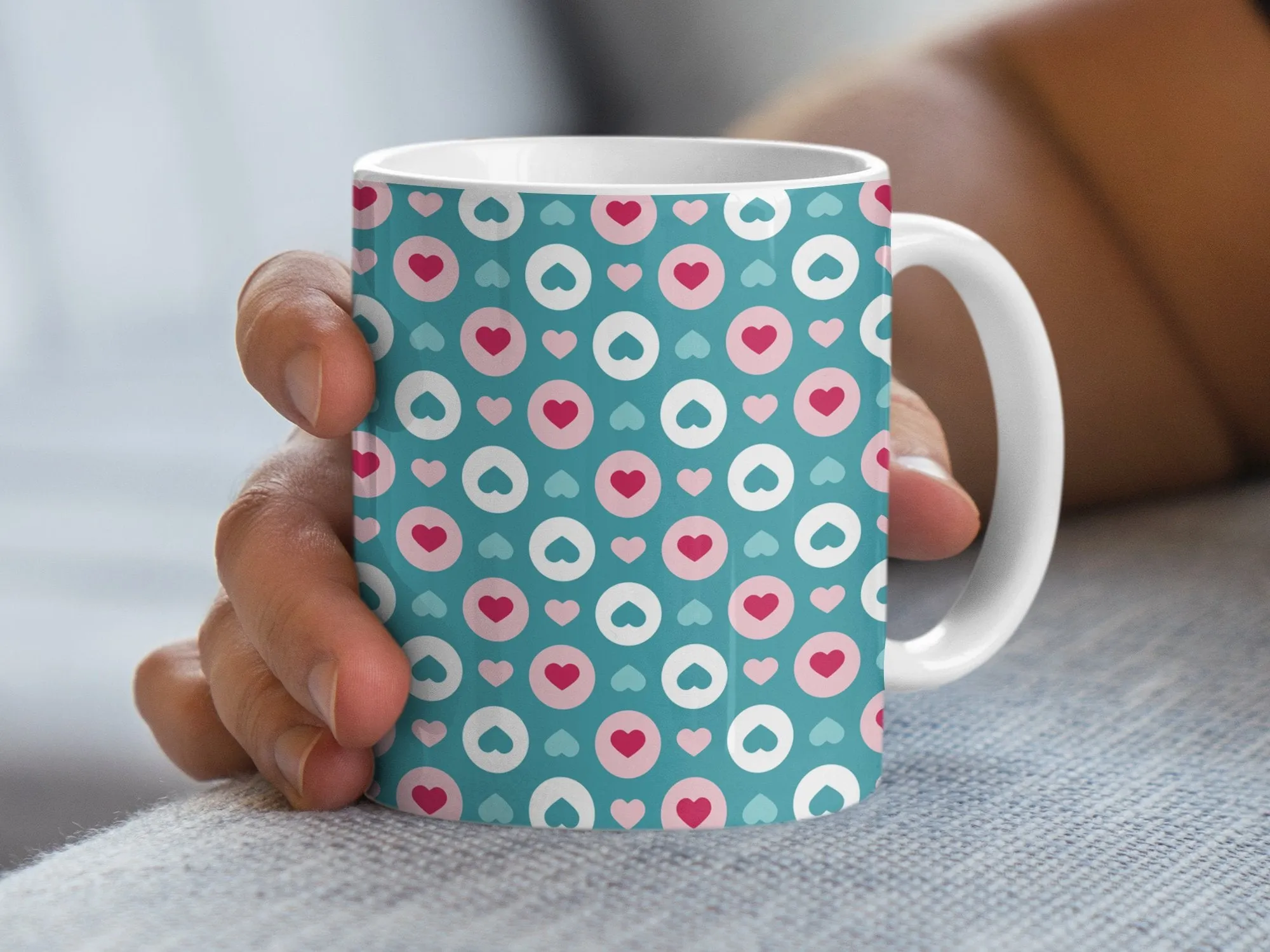 Cute Heart Pattern Mug, Turquoise and Pink Coffee Cup, Tea Lover Gift, Romantic Valentines Day Present, Office Desk Accessory