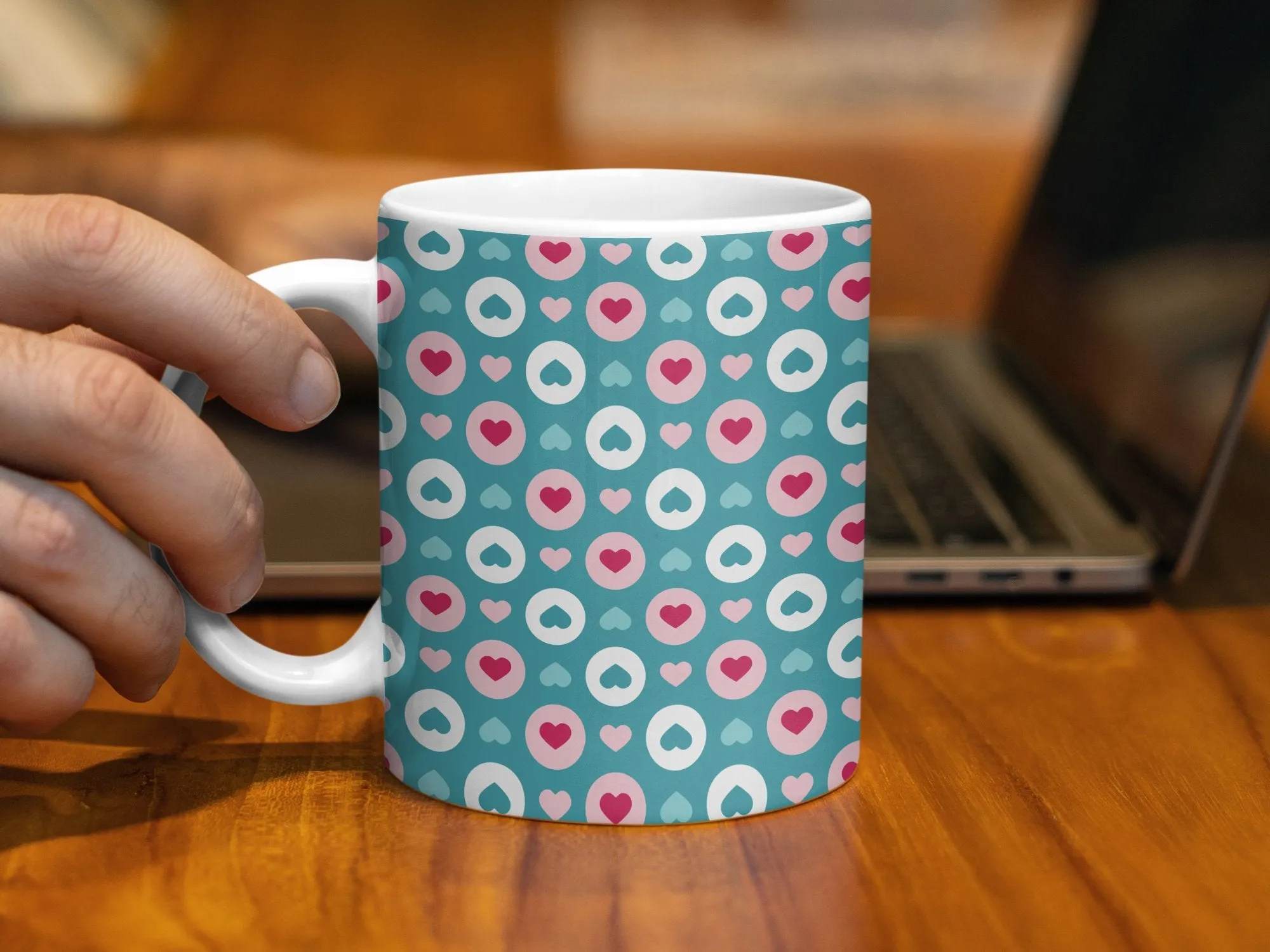 Cute Heart Pattern Mug, Turquoise and Pink Coffee Cup, Tea Lover Gift, Romantic Valentines Day Present, Office Desk Accessory