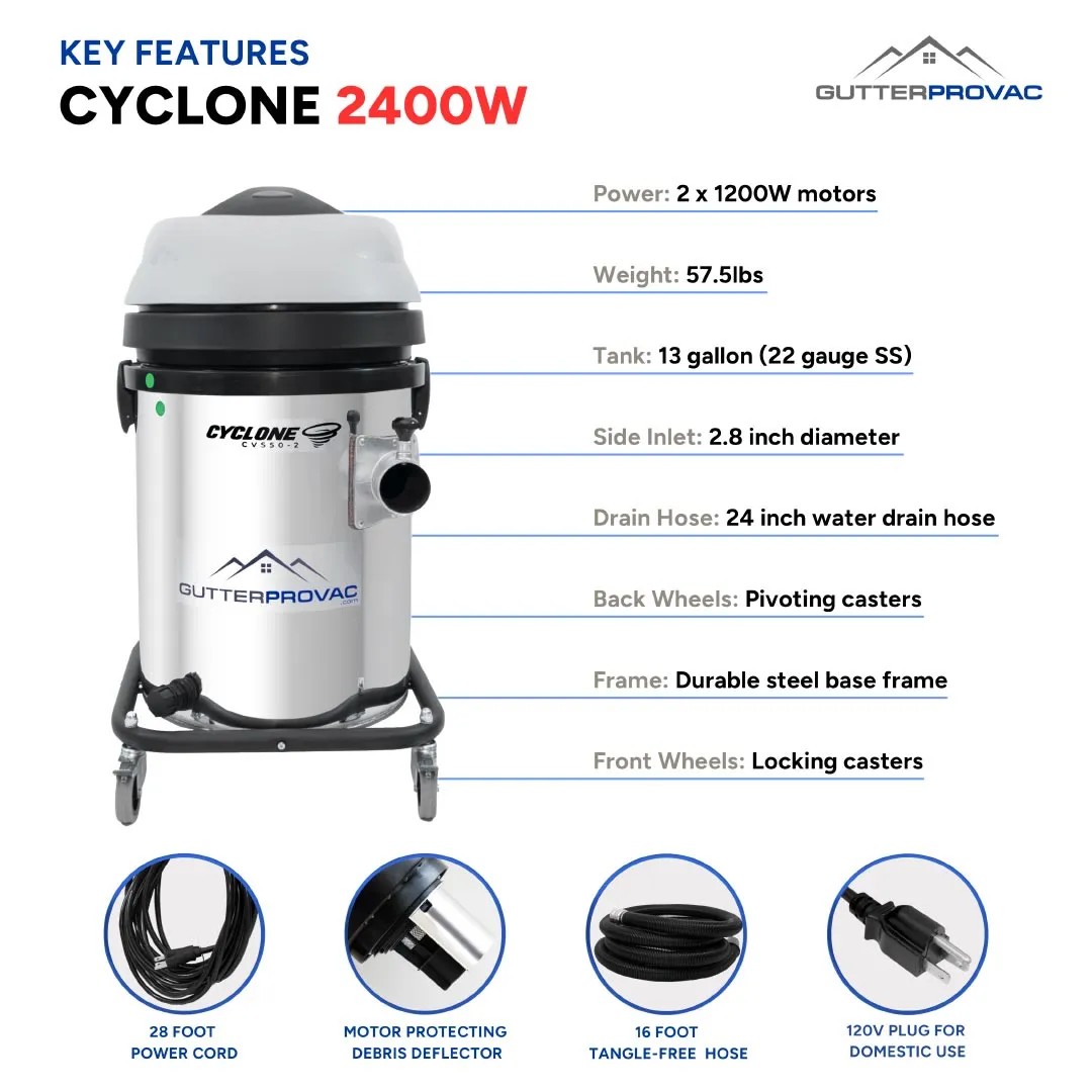 Cyclone 2400W Stainless Steel 13 Gallon Domestic Gutter Vacuum