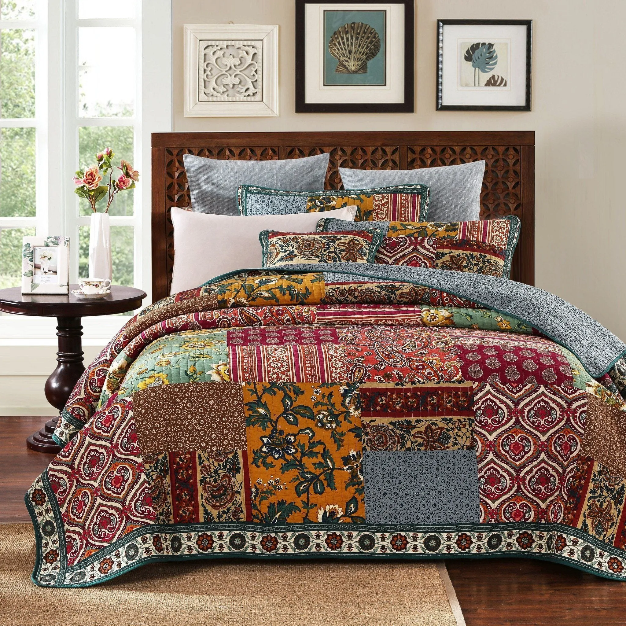 DaDa Bedding Dark Elegance Bohemian Floral Cotton Patchwork Bedspread Set (JHW-550)