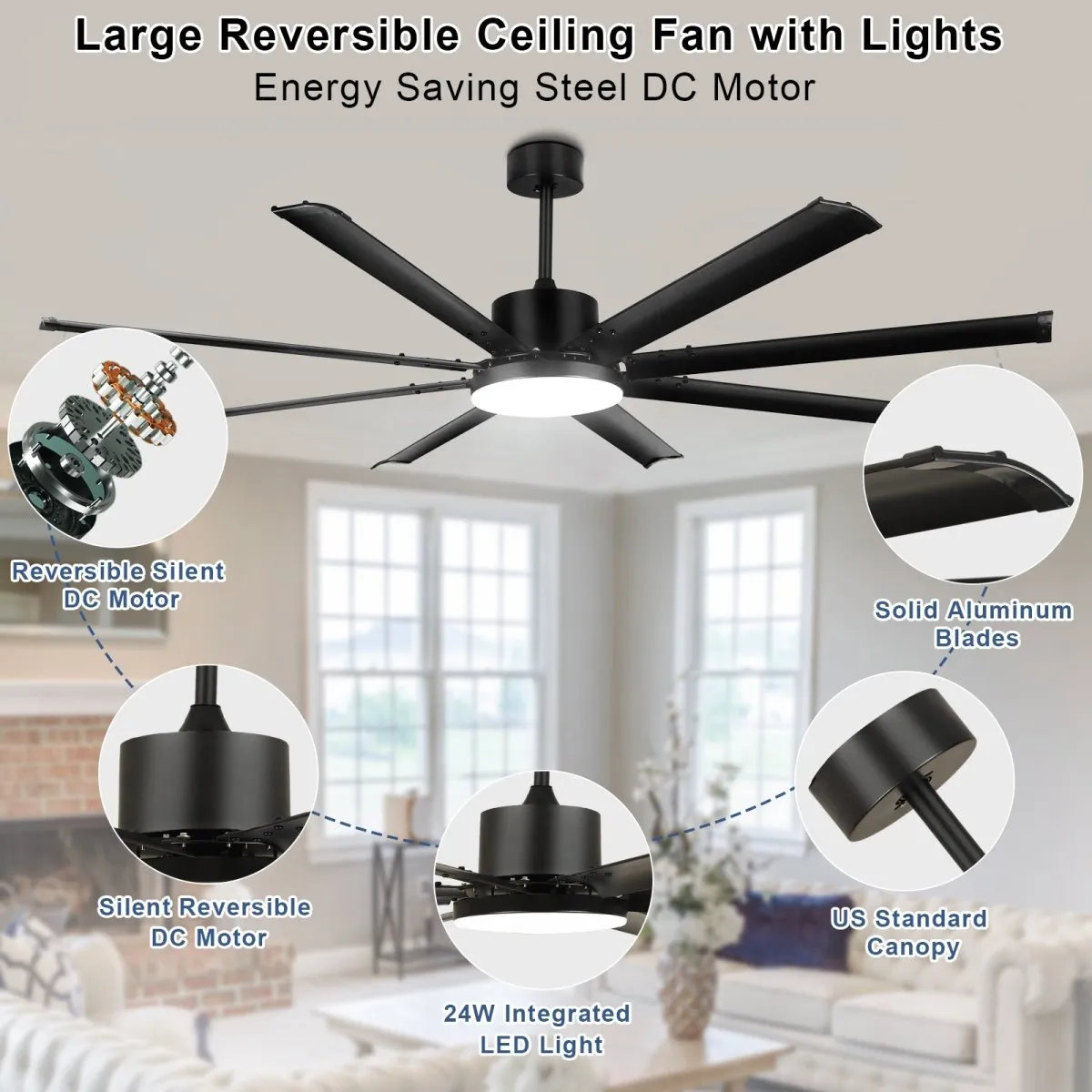 Depuley 72" Large Ceiling Fan with Lights and Remote Control, Farmhouse Black LED Ceiling Fan, Reversible Motor and 8 Blades, 3CCT Selectable Fan Lights for Living Room Porch Patio, 6-Speed, Timer