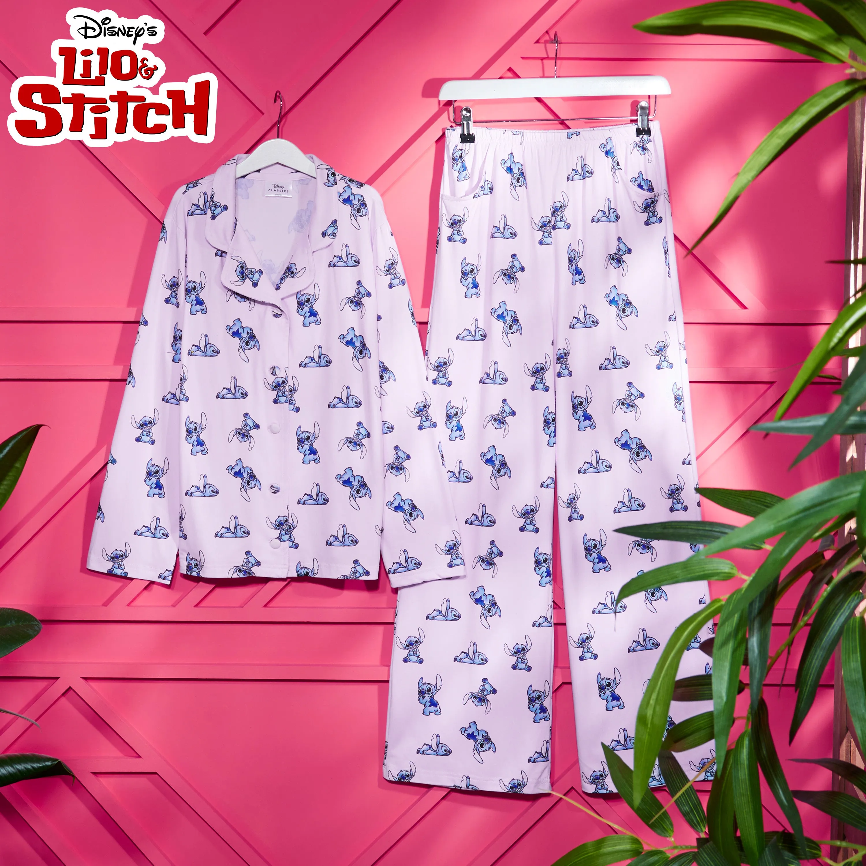 Disney Stitch Girls PJs for Kids- 2 Piece Long Girls Pyjamas - PINK