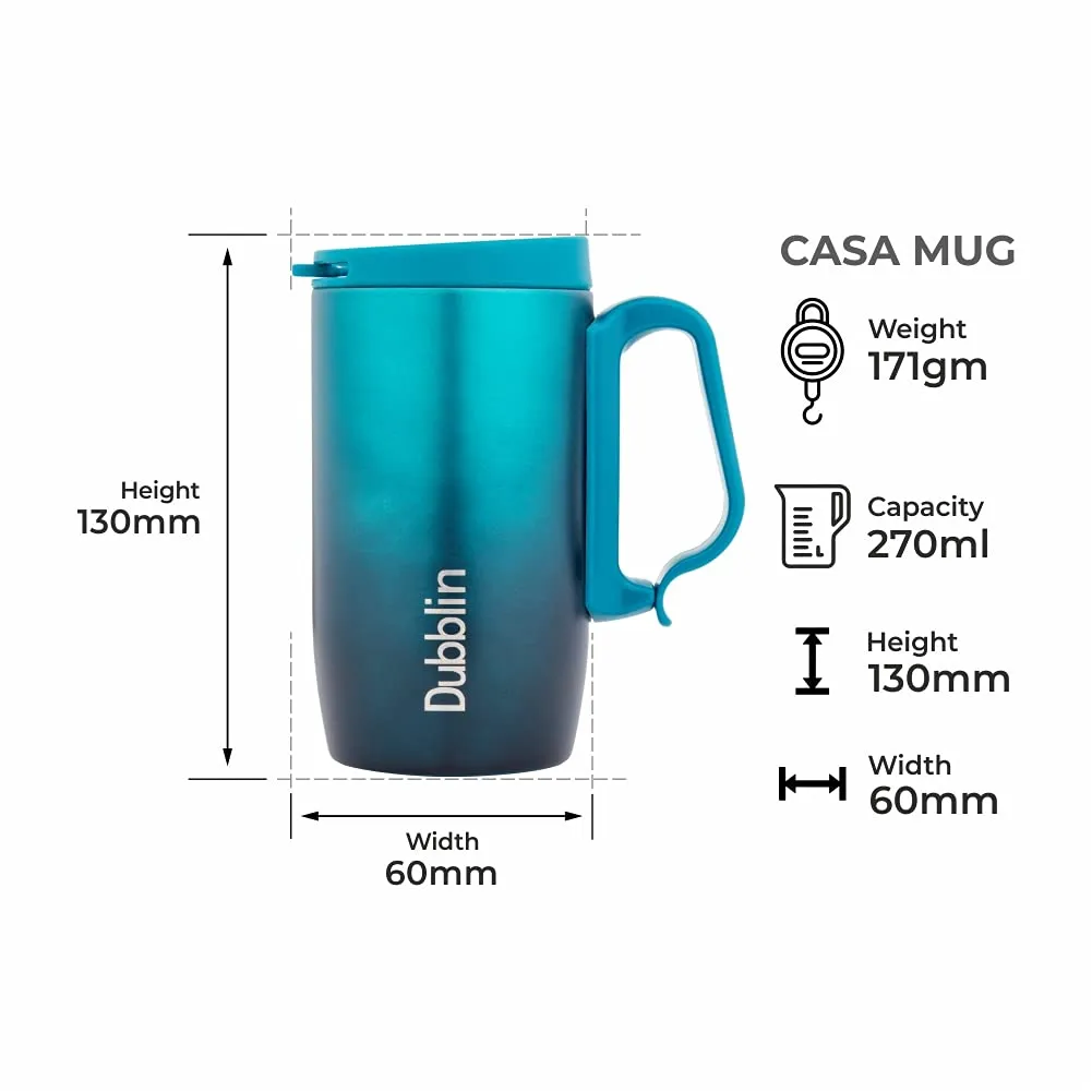 DUBBLIN Casa Stainless Steel Unbreakable Tea Coffee Mug Double Wall Insulated with Handle and Lid, Wide Mouth Mug Keeps Beverages Hot & Cold 270 ML Green