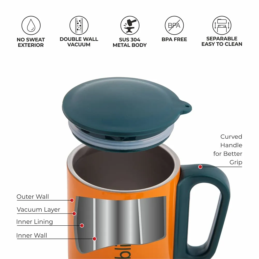 DUBBLIN Polo Stainless Steel Unbreakable Tea Coffee Mug Double Wall Insulated with Handle and Lid, Wide Mouth Mug Keeps Beverages Hot & Cold 220 ML Orange