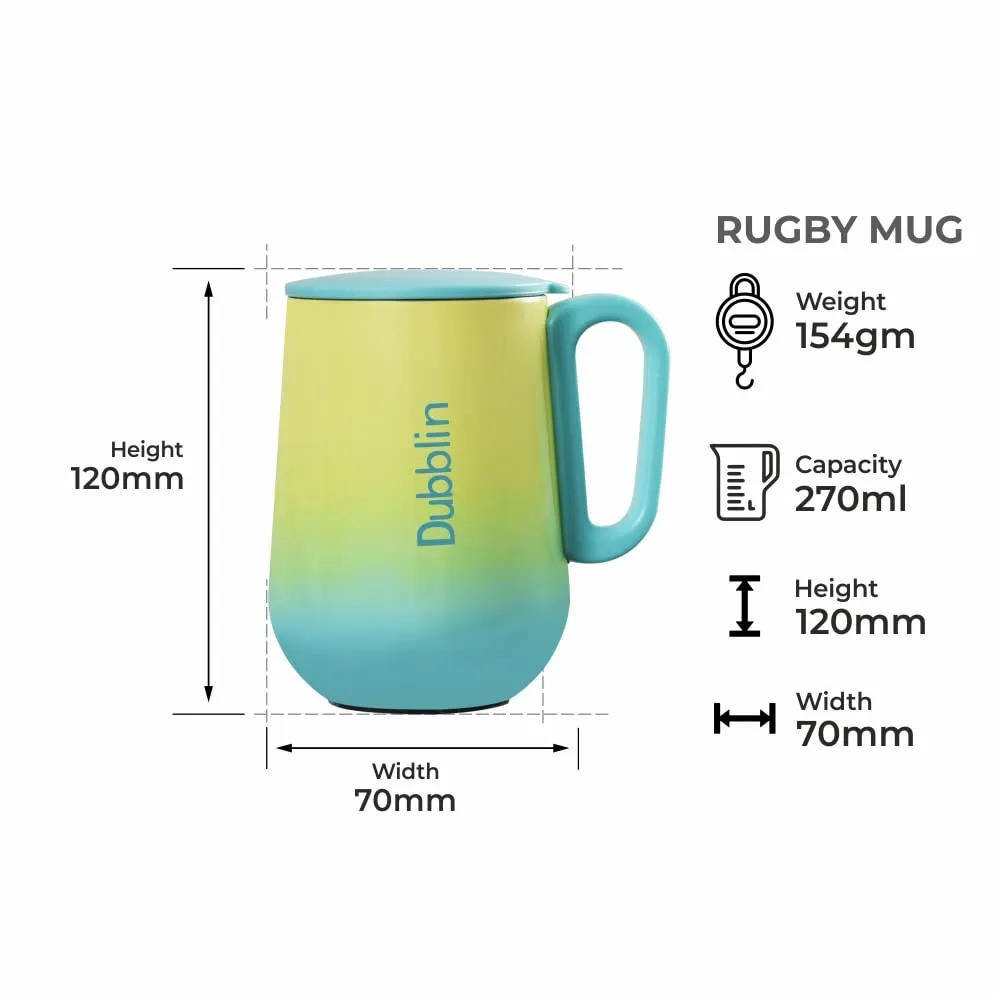 DUBBLIN Rugby Stainless Steel Unbreakable Tea Coffee Mug Double Wall Insulated with Handle and Lid, Wide Mouth Mug Keeps Beverages Hot & Cold 270 ML Blue