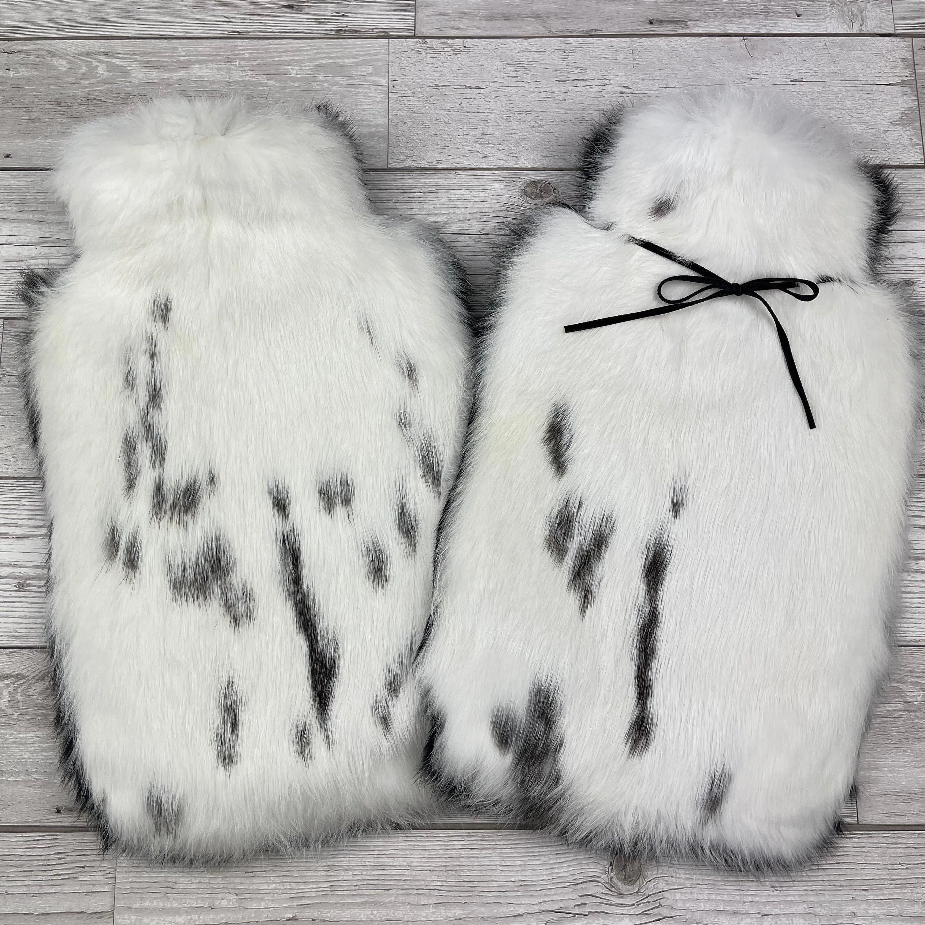 Duo of Luxury Rabbit Fur Hot Water Bottles - black and white set #404