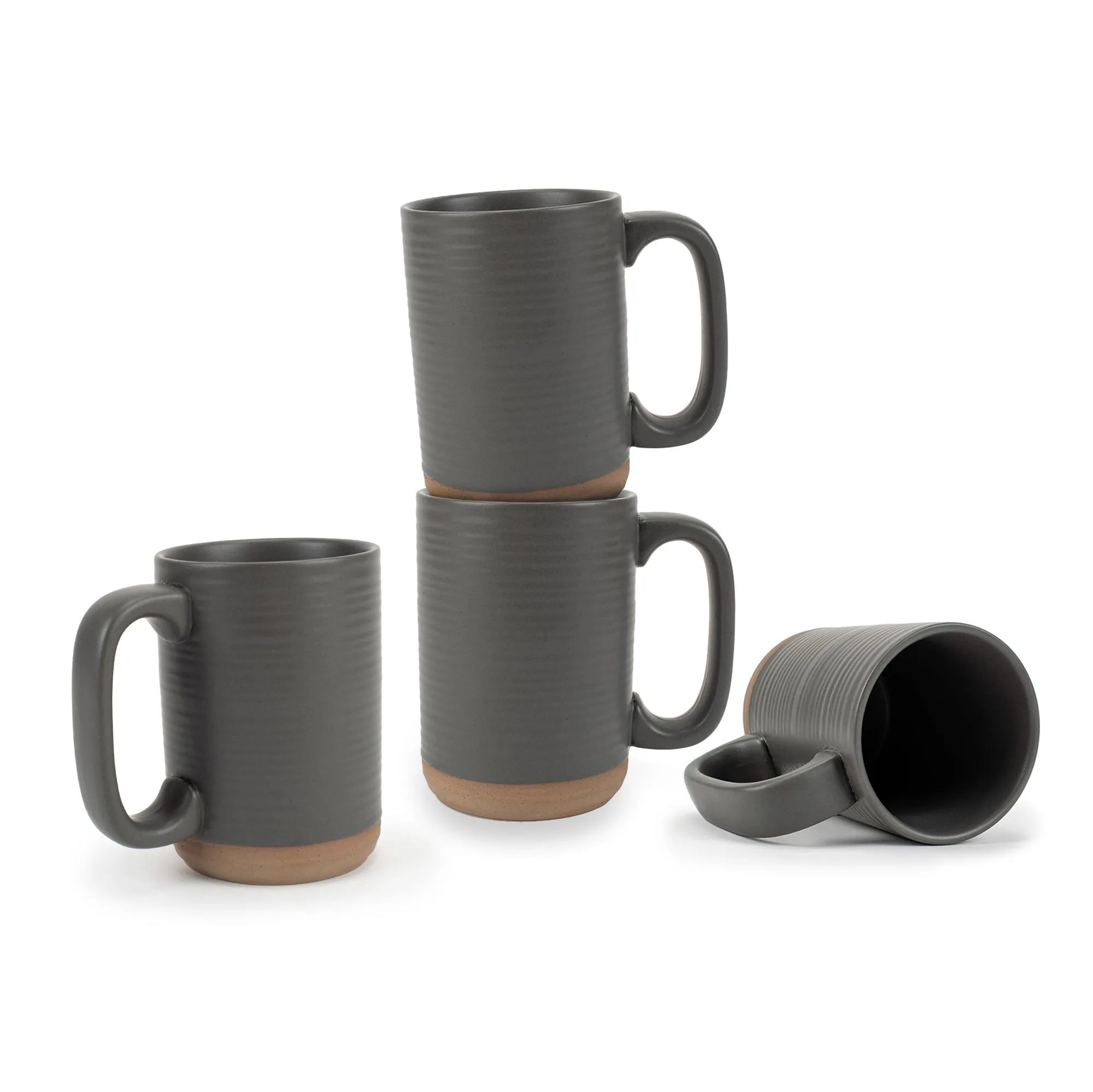 Elanze Designs Tall Ribbed Raw Clay Bottom Grey 16 ounce Ceramic Coffee Mugs Set of 4