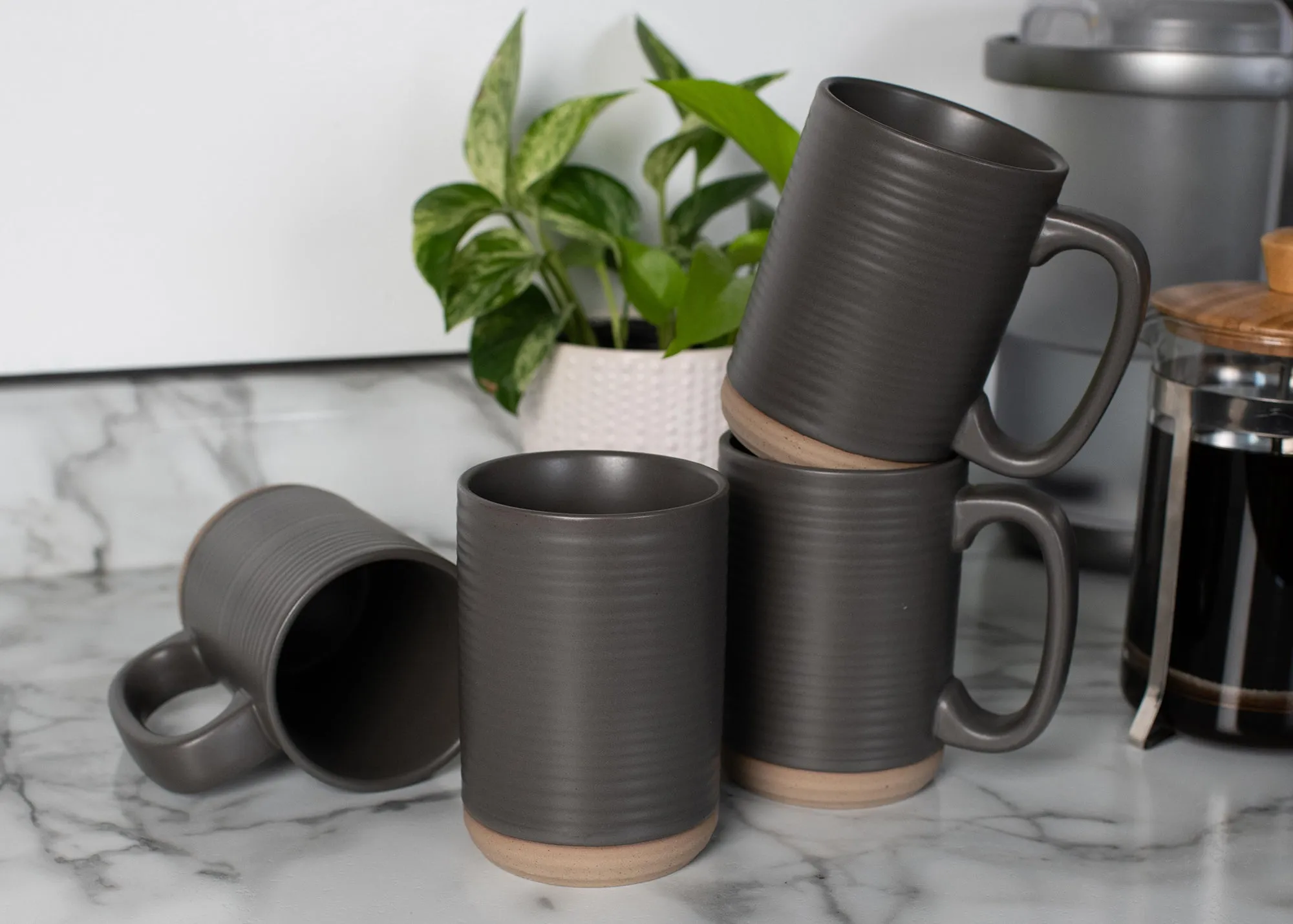 Elanze Designs Tall Ribbed Raw Clay Bottom Grey 16 ounce Ceramic Coffee Mugs Set of 4