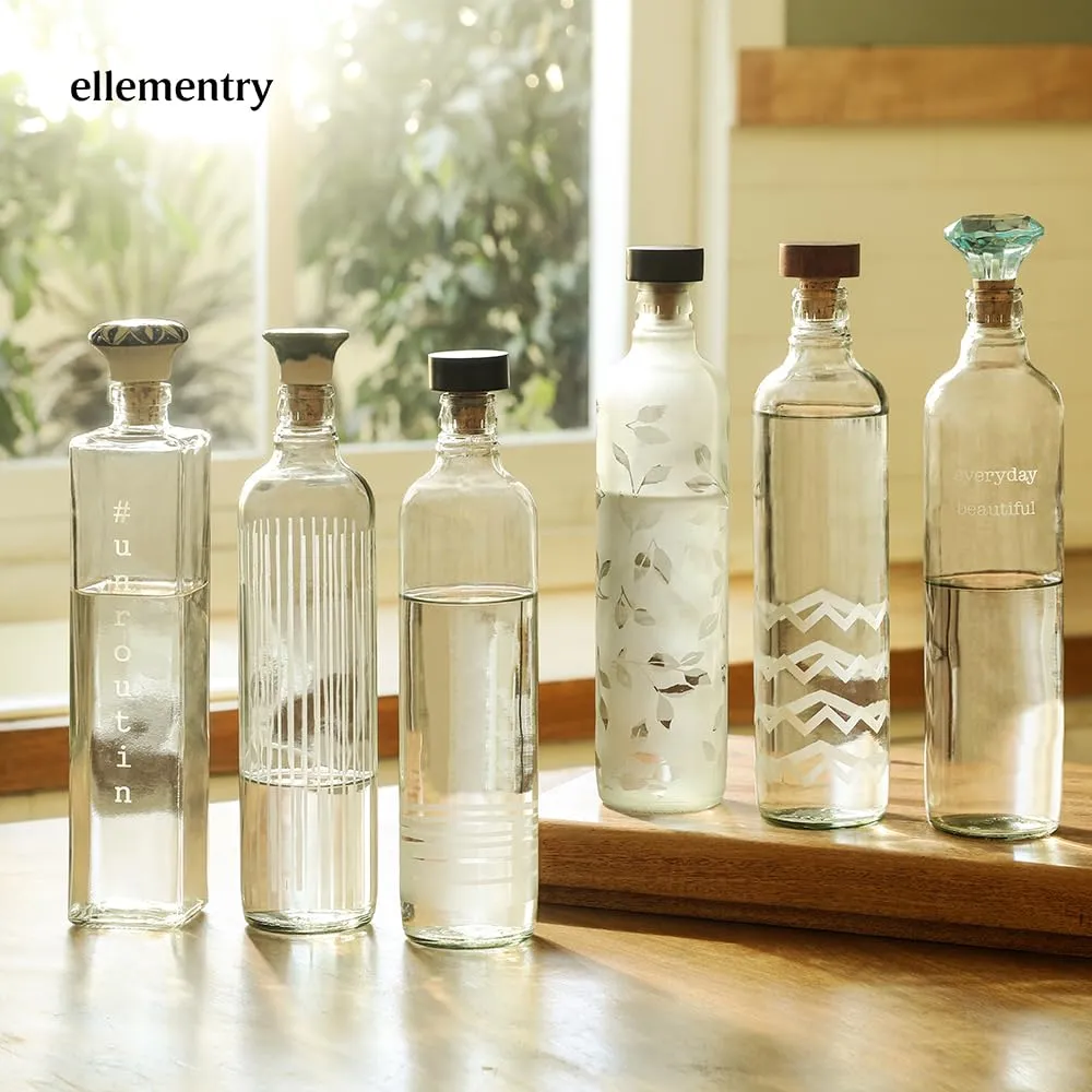 Ellementry frosted chevron glass bottle with brown wood stopper| 750 ml | Clear | Water Bottle | Milk Bottle | Juice Bottle | Cocktail Bottle | Handcrafted | Sustainable | Food Safe | Fusion | Set of 4