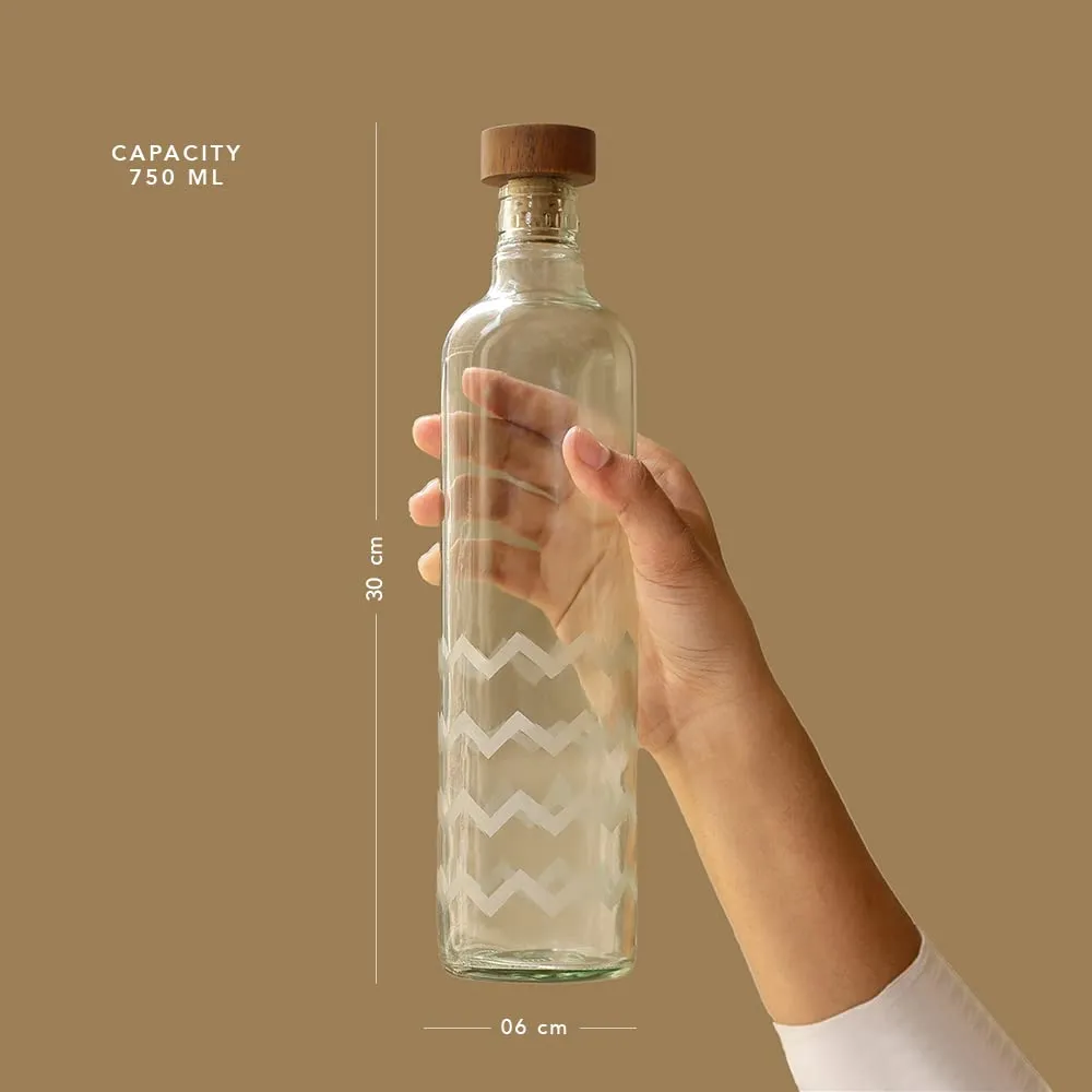 Ellementry frosted chevron glass bottle with brown wood stopper| 750 ml | Clear | Water Bottle | Milk Bottle | Juice Bottle | Cocktail Bottle | Handcrafted | Sustainable | Food Safe | Fusion | Set of 4