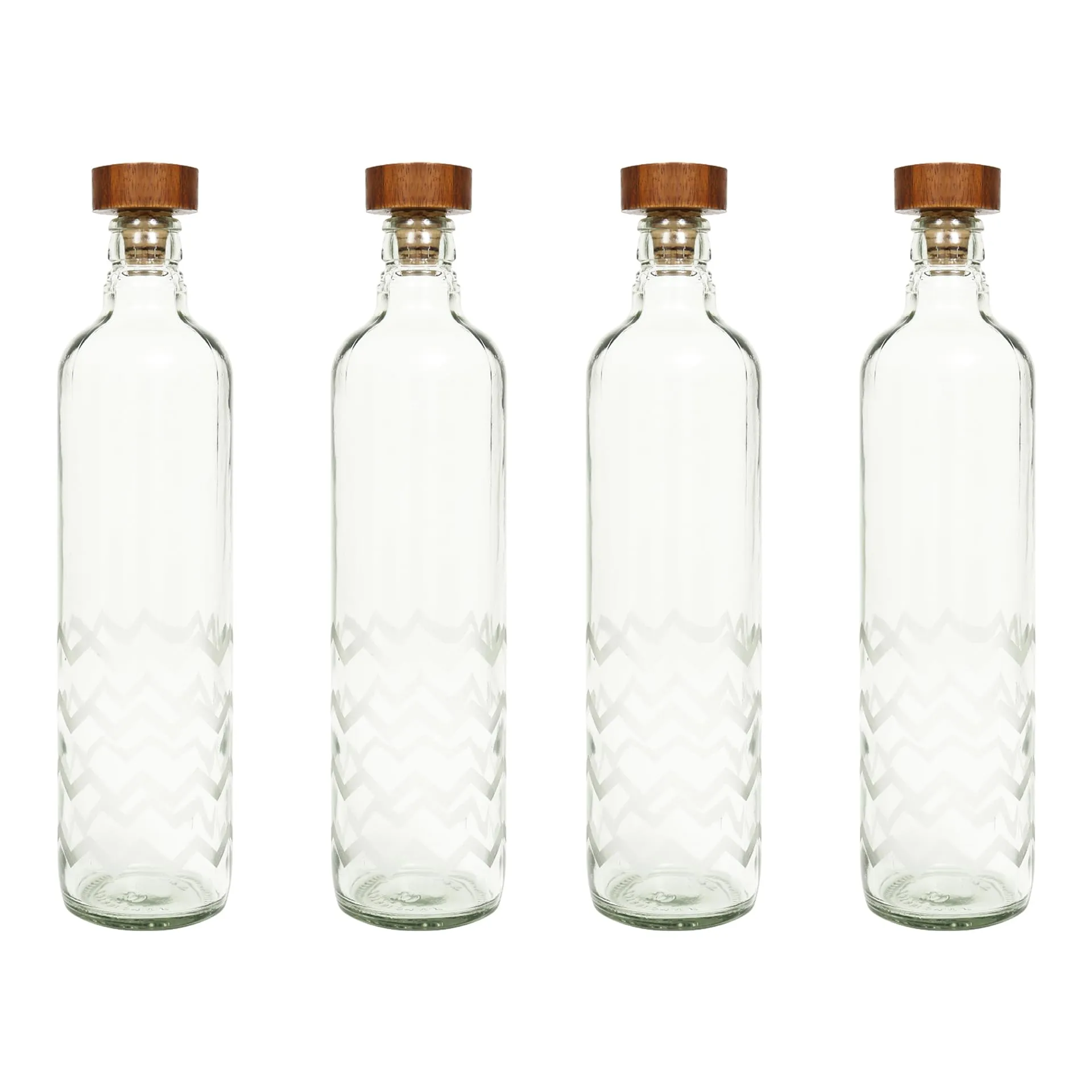 Ellementry frosted chevron glass bottle with brown wood stopper| 750 ml | Clear | Water Bottle | Milk Bottle | Juice Bottle | Cocktail Bottle | Handcrafted | Sustainable | Food Safe | Fusion | Set of 4