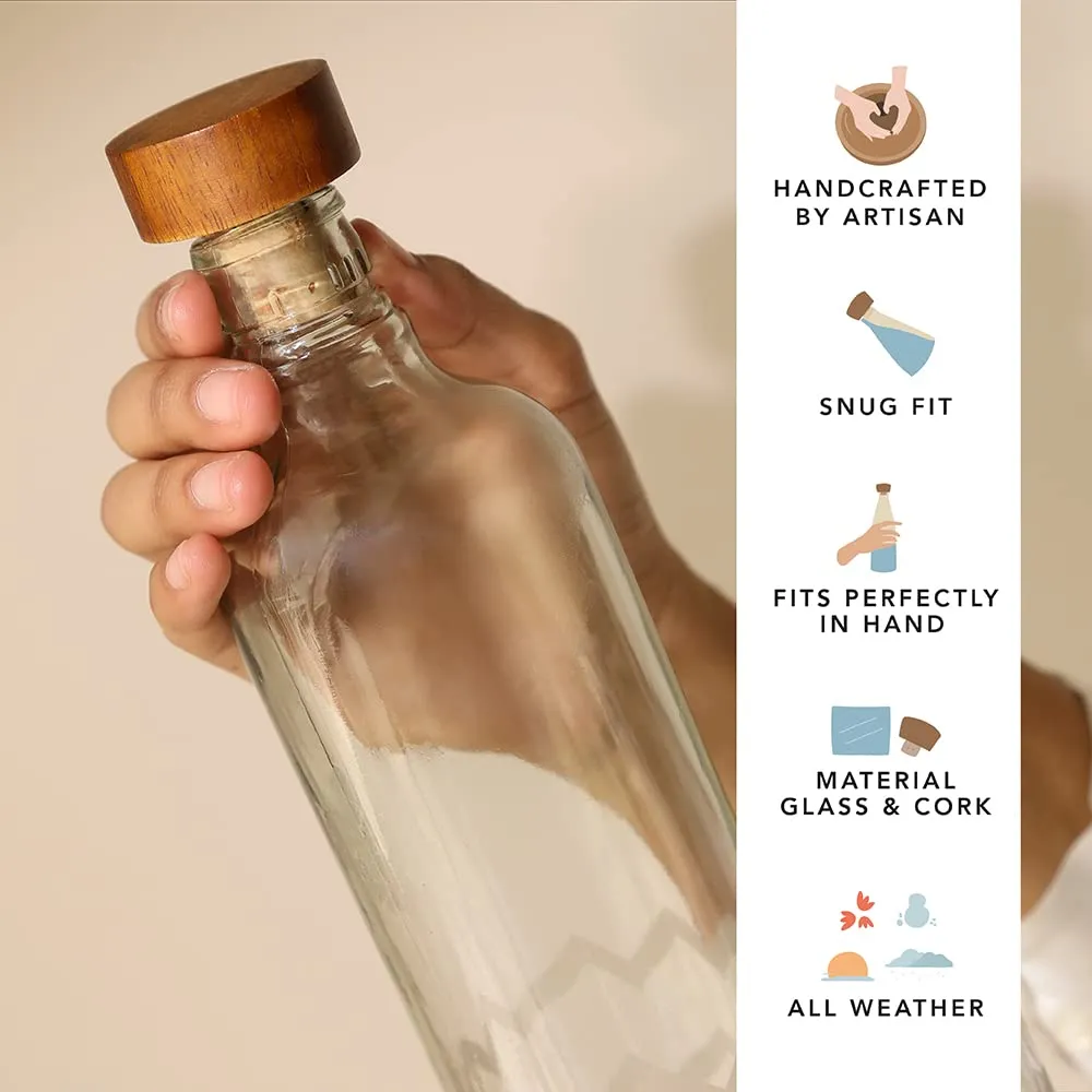 Ellementry frosted chevron glass bottle with brown wood stopper| 750 ml | Clear | Water Bottle | Milk Bottle | Juice Bottle | Cocktail Bottle | Handcrafted | Sustainable | Food Safe | Fusion | Set of 4