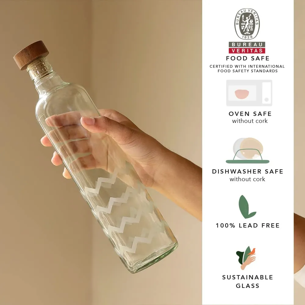 Ellementry frosted chevron glass bottle with brown wood stopper| 750 ml | Clear | Water Bottle | Milk Bottle | Juice Bottle | Cocktail Bottle | Handcrafted | Sustainable | Food Safe | Fusion | Set of 4