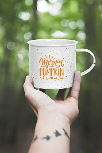 Fall Camping Coffee Mug Gift - Lightweight Enamel Coated Tin Mug, Mornin' Pumpkin (15 Ounce - White Speckled)