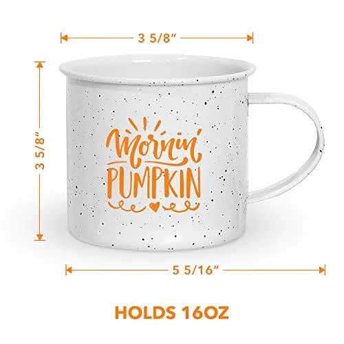 Fall Camping Coffee Mug Gift - Lightweight Enamel Coated Tin Mug, Mornin' Pumpkin (15 Ounce - White Speckled)