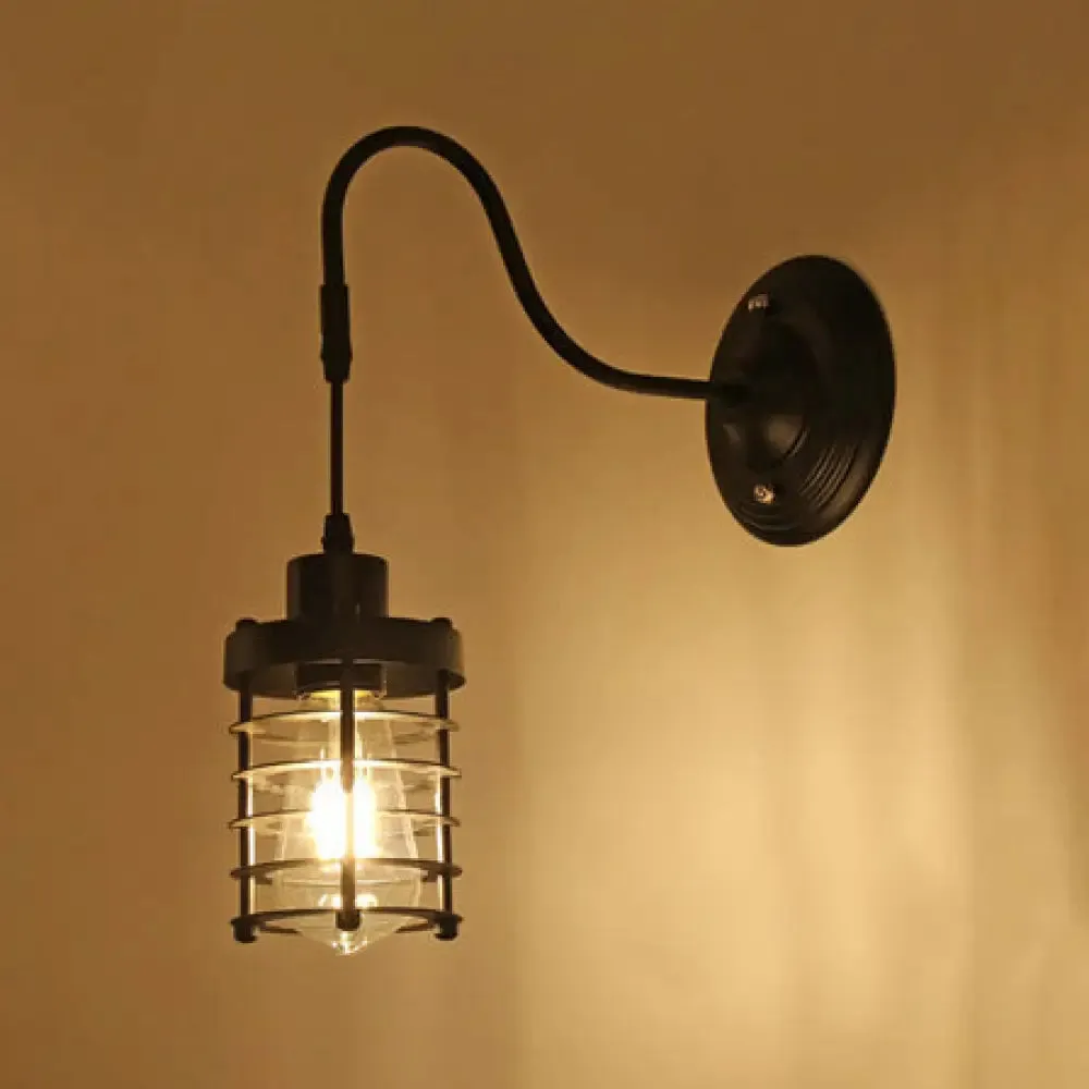 Farmhouse Wall Mount Light Fixture - Metal Cage Design, Black Finish