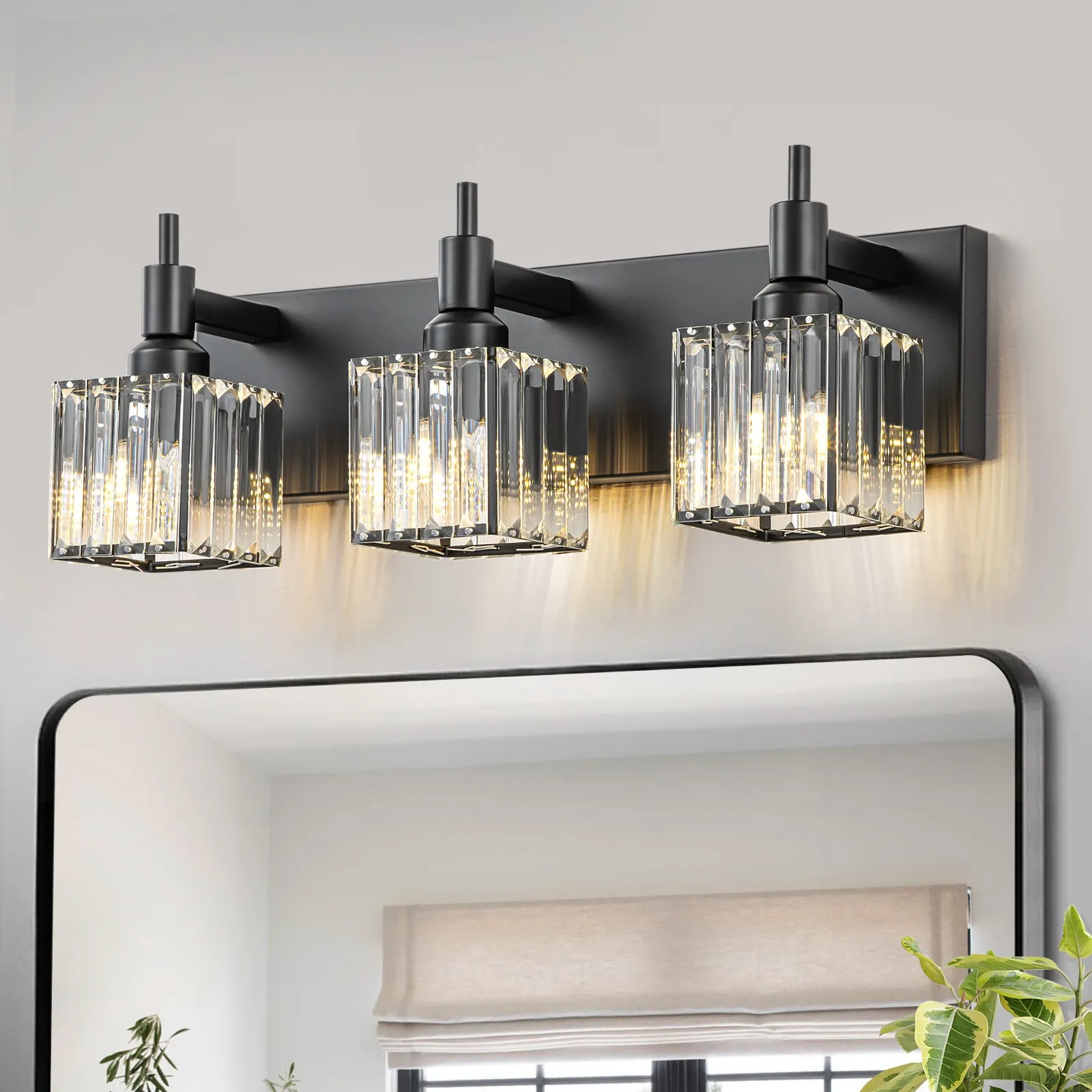 Glowlings 3/4/5-Light Modern Matte Black Square Crystal Bathroom Vanity Light Over Mirror