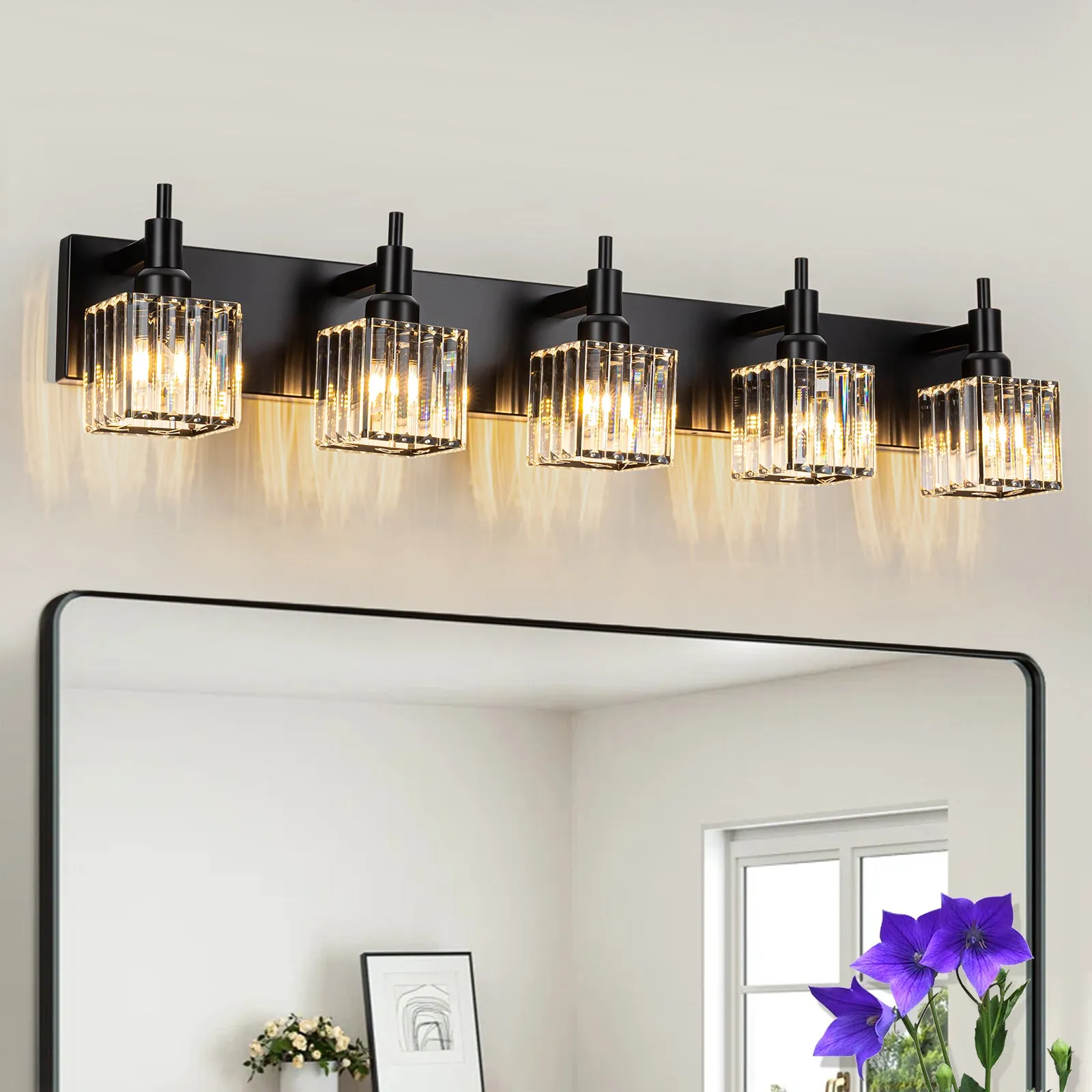 Glowlings 3/4/5-Light Modern Matte Black Square Crystal Bathroom Vanity Light Over Mirror