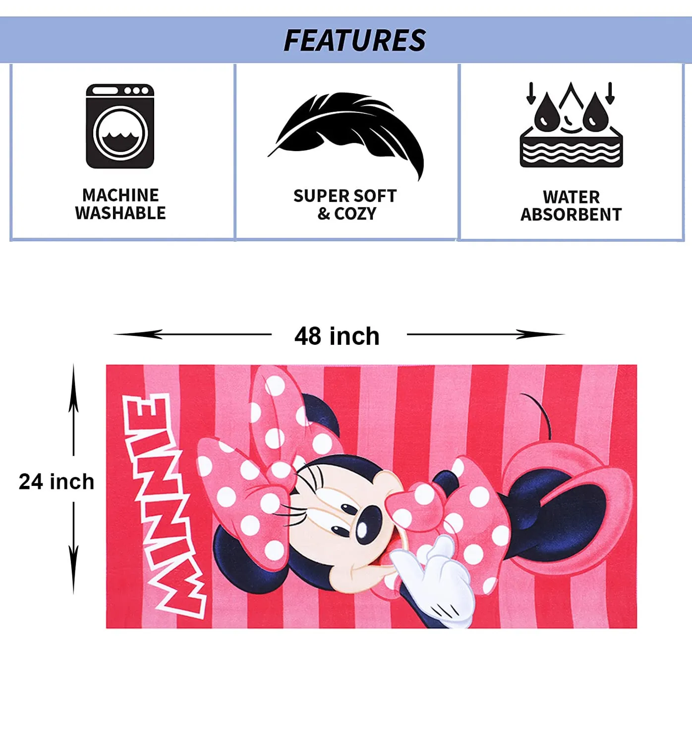 Heart Home Disney Minnie Kids Bath Towel|Soft Cotton Towel for Kids|Sides Stitched Baby Towel|400 GSM Toddler Bath Towel|24x48 Inch (Pink)