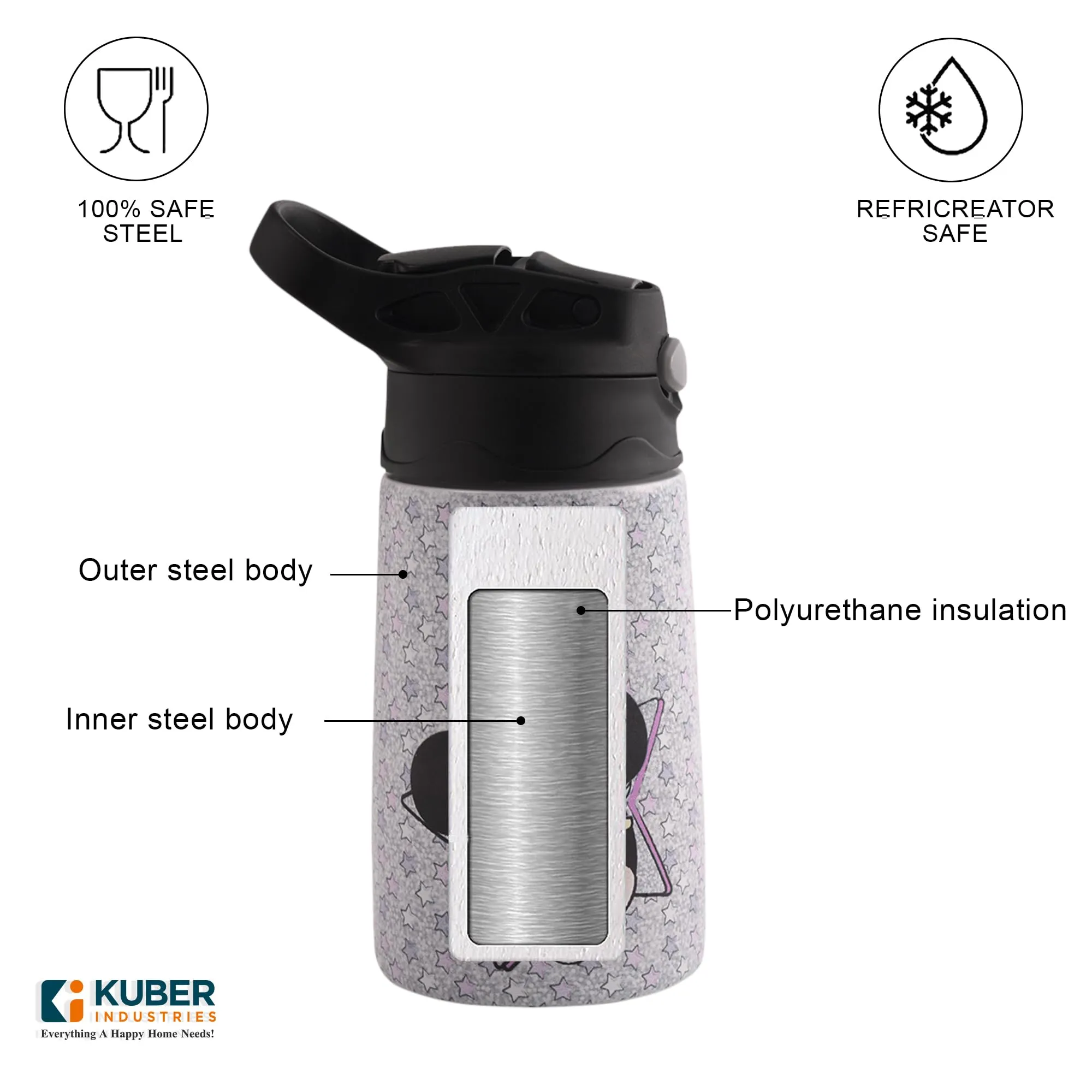 Heart Home Stainless Steel Kids Water Bottle | Mini Yay Kids Water Bottle | 350 ml Insulated Water Bottle | Water Bottle with Push-Button Flip Lid | Water Bottle for School | Purple