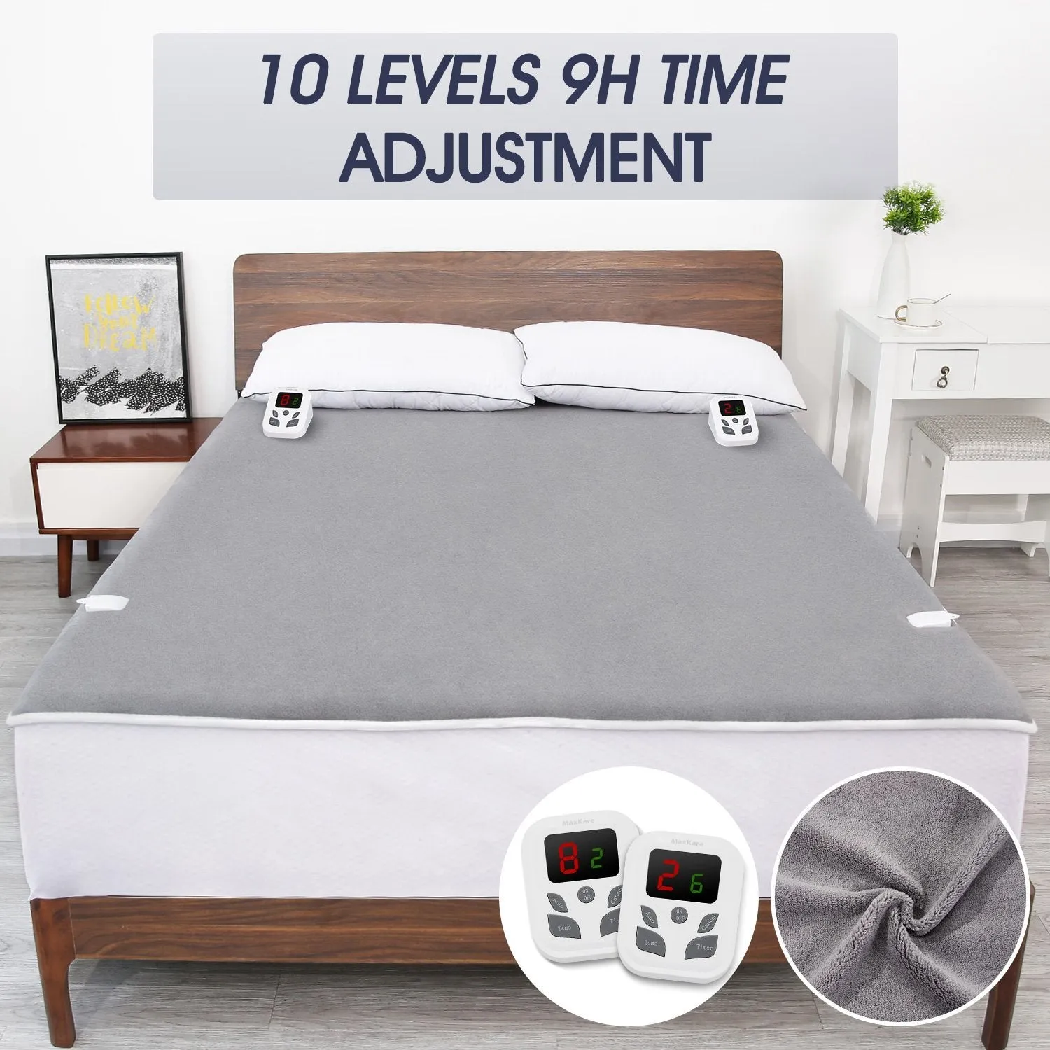 Heated Mattress Pad Underblanket Dual Controller for 2 Users Soft Coral Velvet 10 Heating Levels & 9 Timer Settings Fast Heating, King