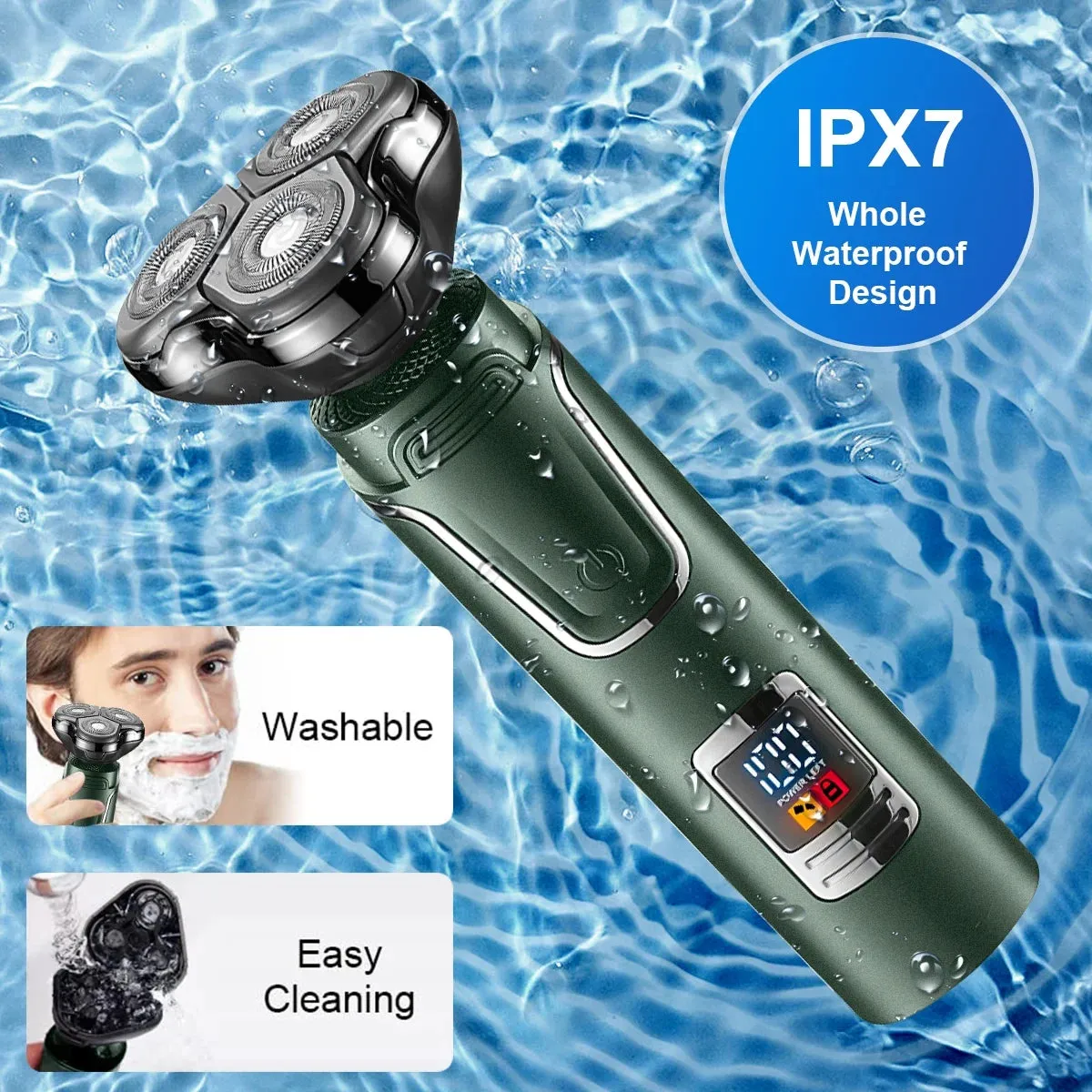 Hoey Electric Shaver Razor for Men, 3 in 1 Men's Cordless LED Display IPX7 Waterproof Nose Hair Beard Trimmer Grooming Kit with Wet Dry Rechargeable Use (Green)