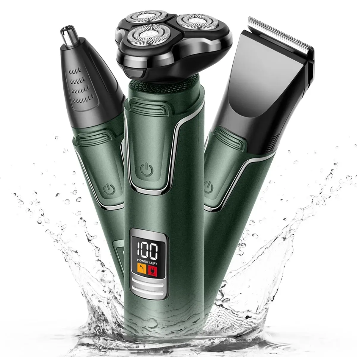 Hoey Electric Shaver Razor for Men, 3 in 1 Men's Cordless LED Display IPX7 Waterproof Nose Hair Beard Trimmer Grooming Kit with Wet Dry Rechargeable Use (Green)