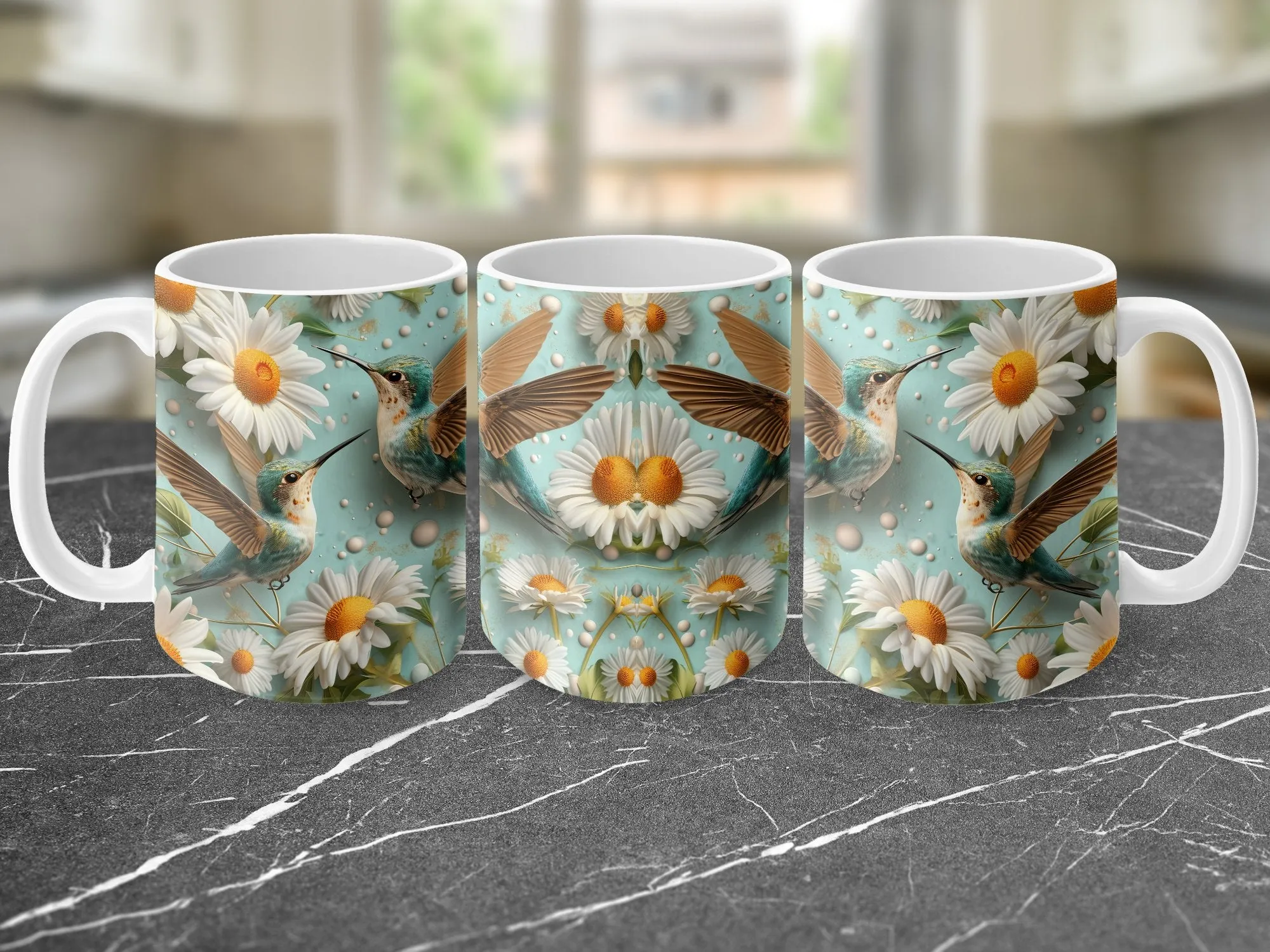 Hummingbird and Daisy Coffee Mug, Nature-Inspired Drinkware, Bird Lover Gift, Floral Design Tea Cup, Beautiful Spring Morning Mug