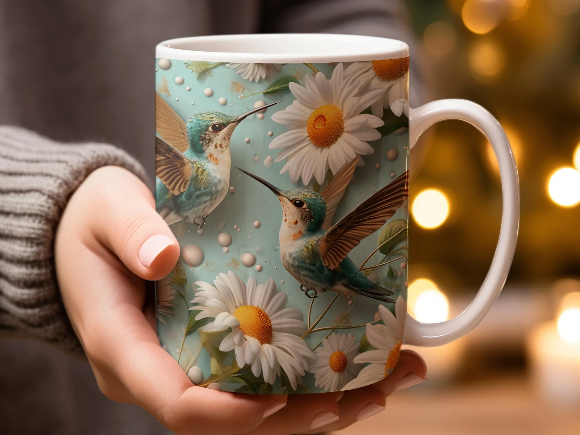 Hummingbird and Daisy Coffee Mug, Nature-Inspired Drinkware, Bird Lover Gift, Floral Design Tea Cup, Beautiful Spring Morning Mug