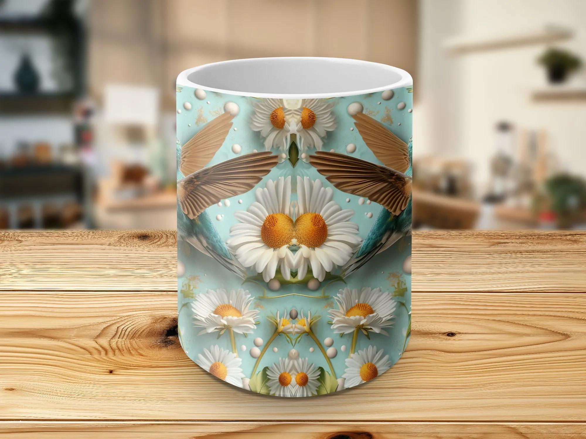 Hummingbird and Daisy Coffee Mug, Nature-Inspired Drinkware, Bird Lover Gift, Floral Design Tea Cup, Beautiful Spring Morning Mug