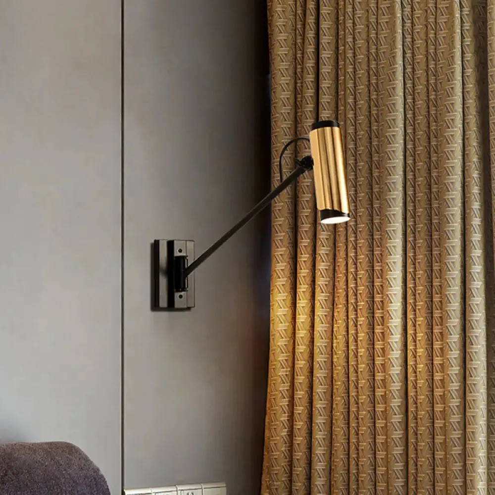 Industrial Black and Gold Cylinder Wall Light with Adjustable Bulb - Unique Lighting Décor