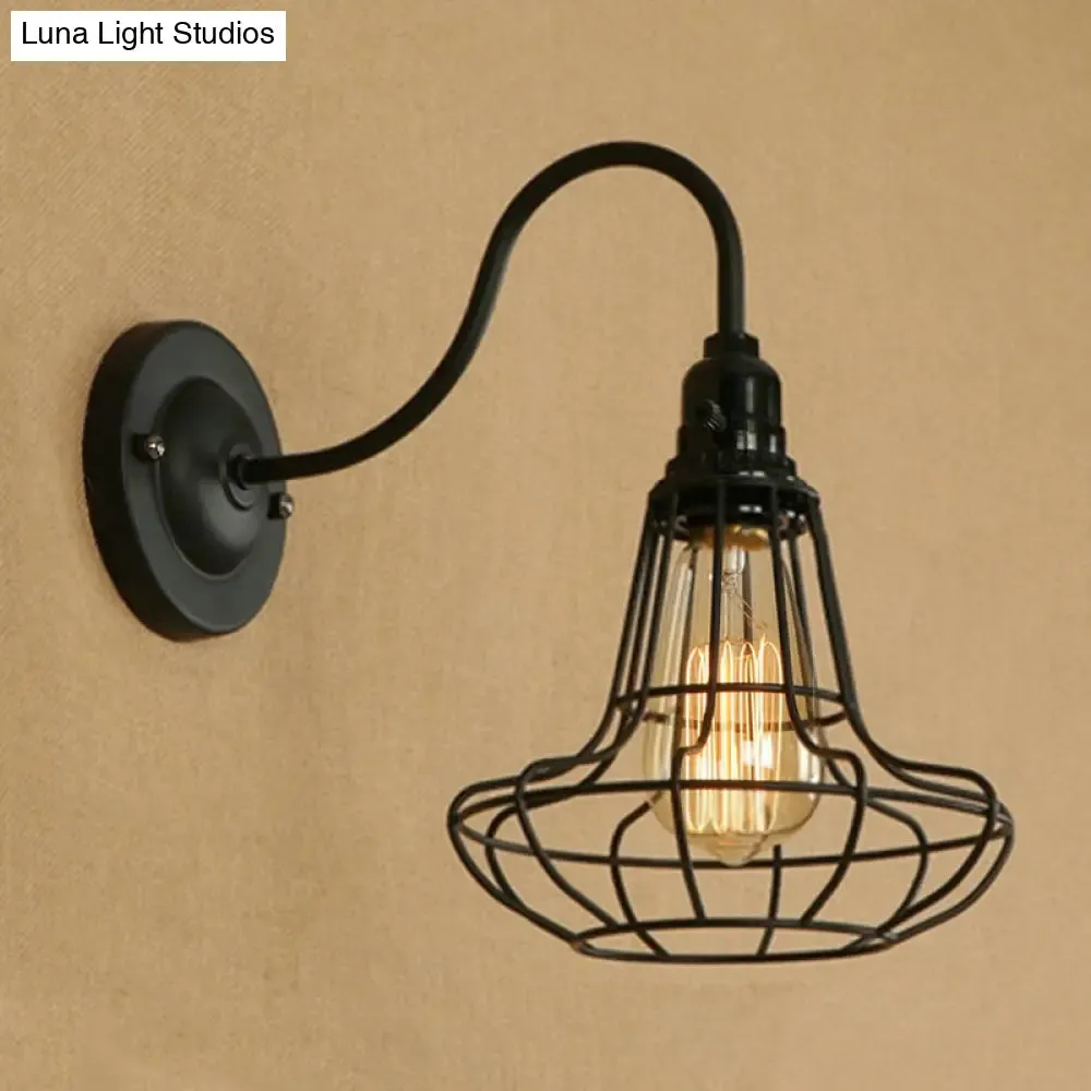 Industrial Cage Wall Sconce - 1 Bulb Metallic Wall Lighting with Gooseneck Arm in Black