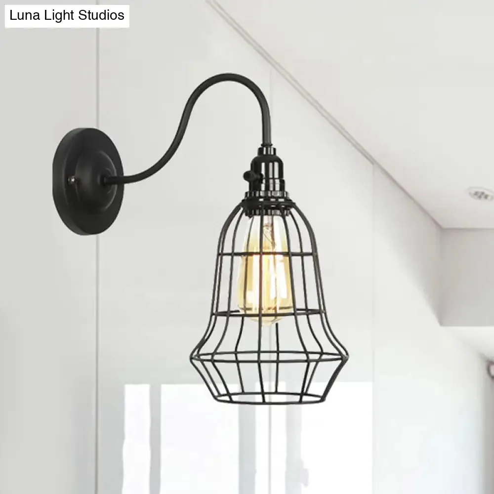 Industrial Cage Wall Sconce - 1 Bulb Metallic Wall Lighting with Gooseneck Arm in Black