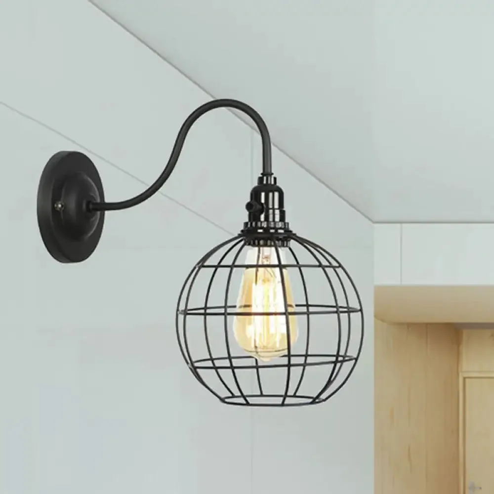 Industrial Cage Wall Sconce - 1 Bulb Metallic Wall Lighting with Gooseneck Arm in Black