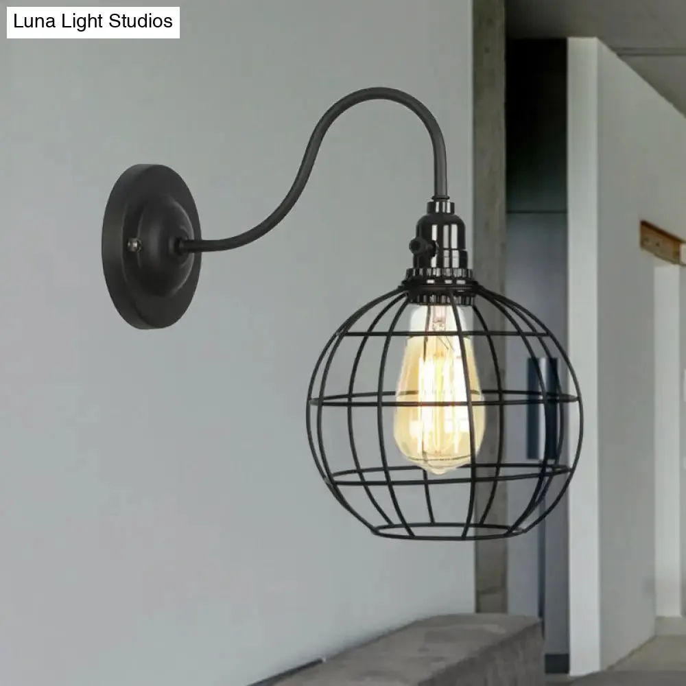 Industrial Cage Wall Sconce - 1 Bulb Metallic Wall Lighting with Gooseneck Arm in Black