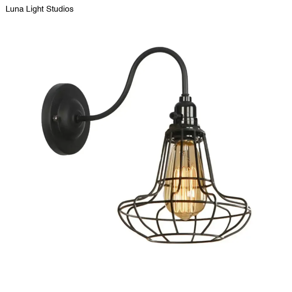 Industrial Cage Wall Sconce - 1 Bulb Metallic Wall Lighting with Gooseneck Arm in Black