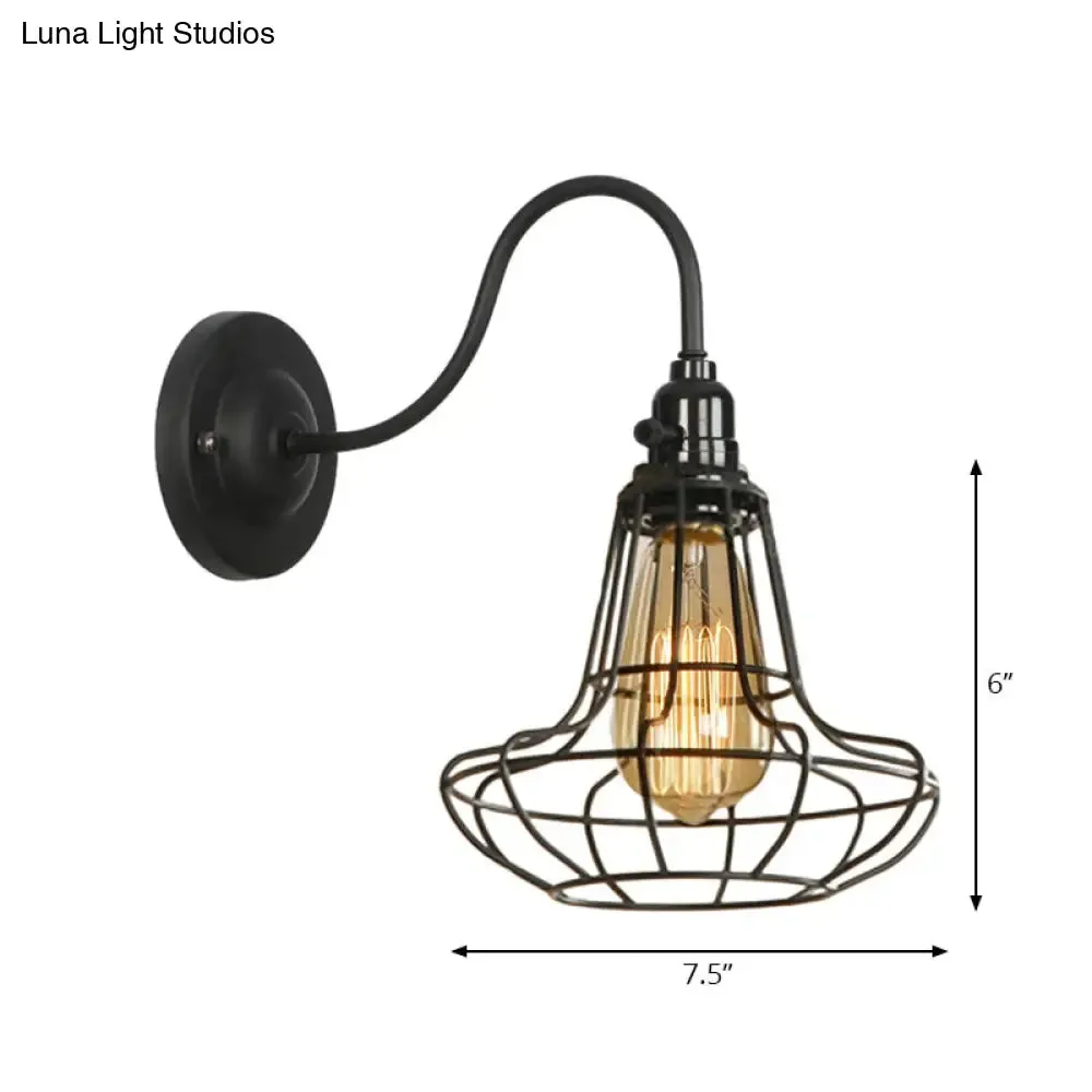 Industrial Cage Wall Sconce - 1 Bulb Metallic Wall Lighting with Gooseneck Arm in Black