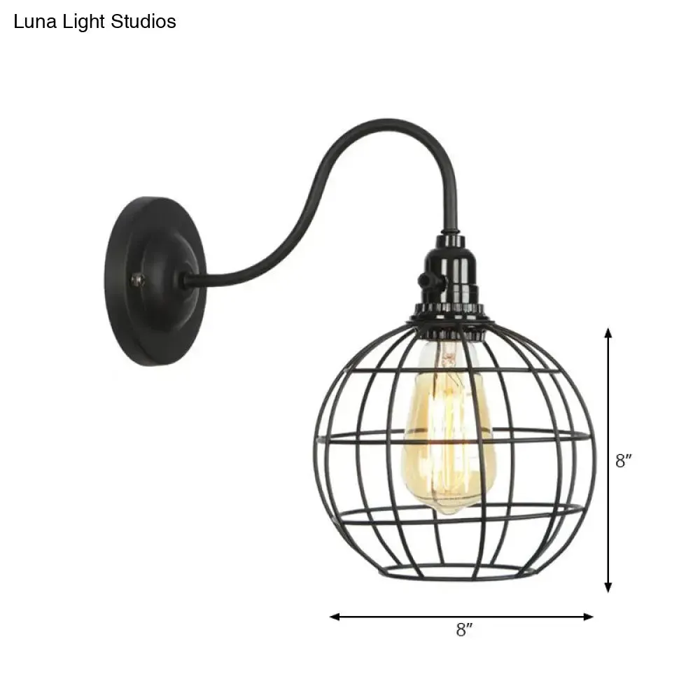 Industrial Cage Wall Sconce - 1 Bulb Metallic Wall Lighting with Gooseneck Arm in Black