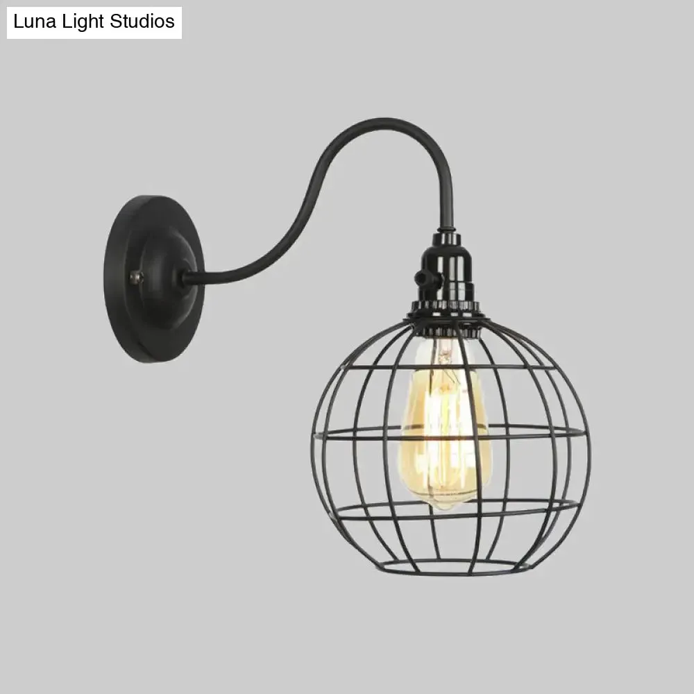 Industrial Cage Wall Sconce - 1 Bulb Metallic Wall Lighting with Gooseneck Arm in Black